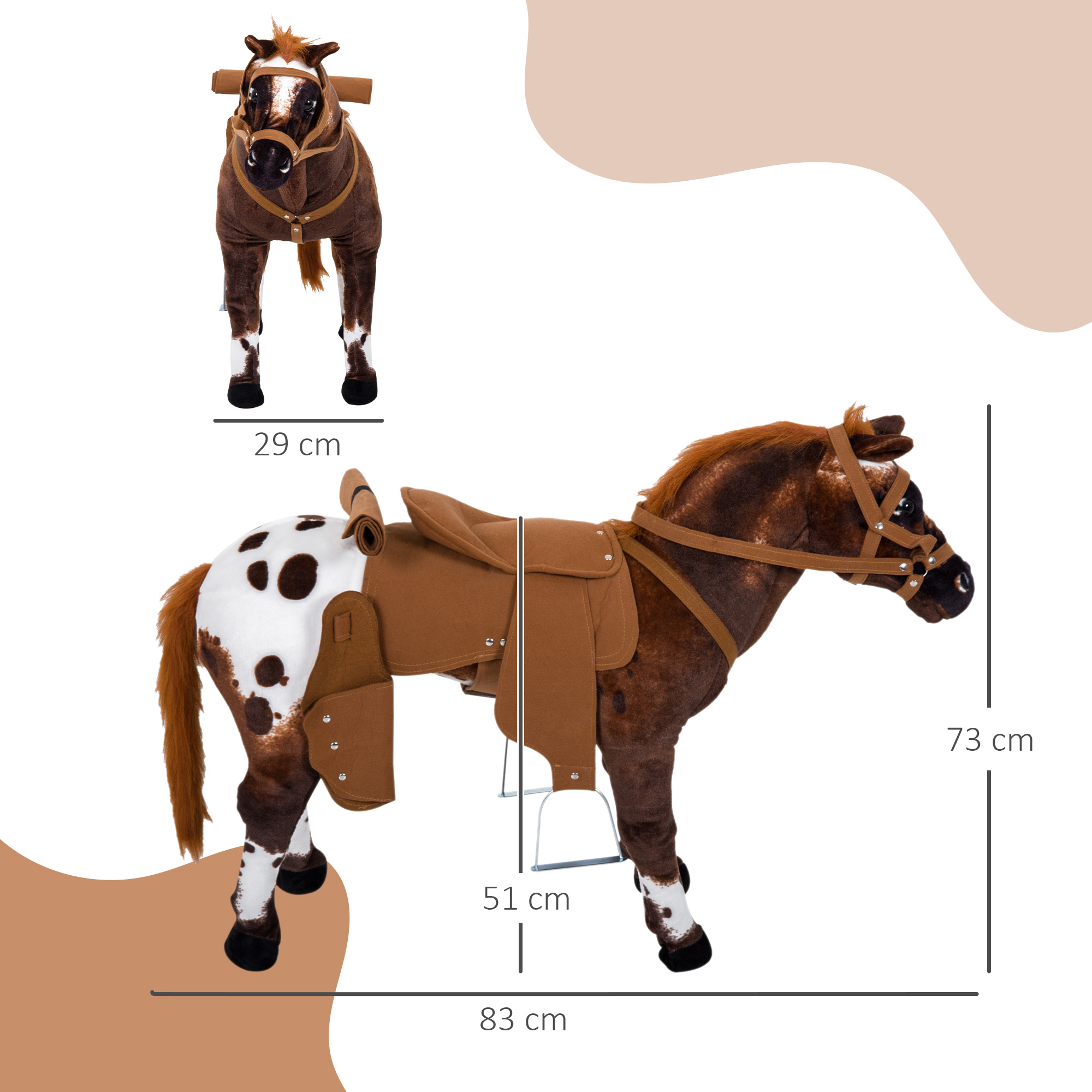 Caballo de peluche marrón con silla y brida. Dimensiones mostradas.