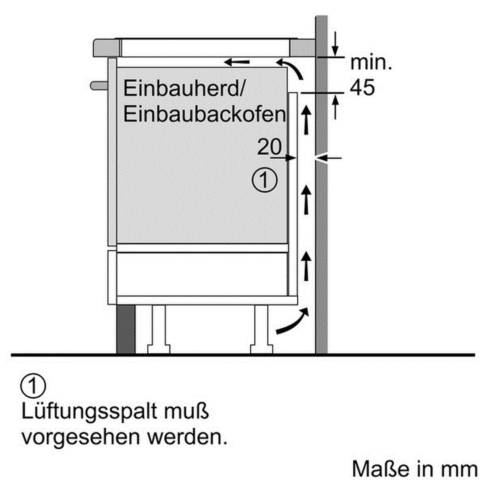 Inbouwfornuis/oven met afmetingen en ventilatiekier specificaties.