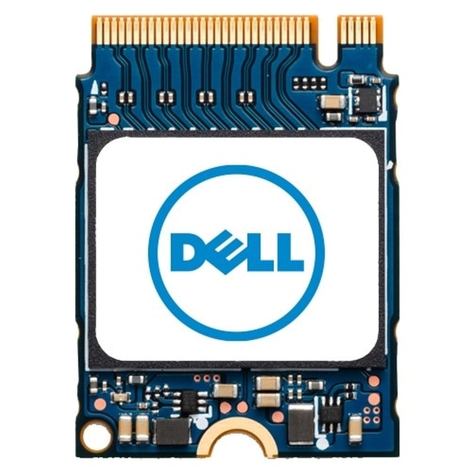 Un SSD Dell blu con contatti dorati e componenti elettronici.