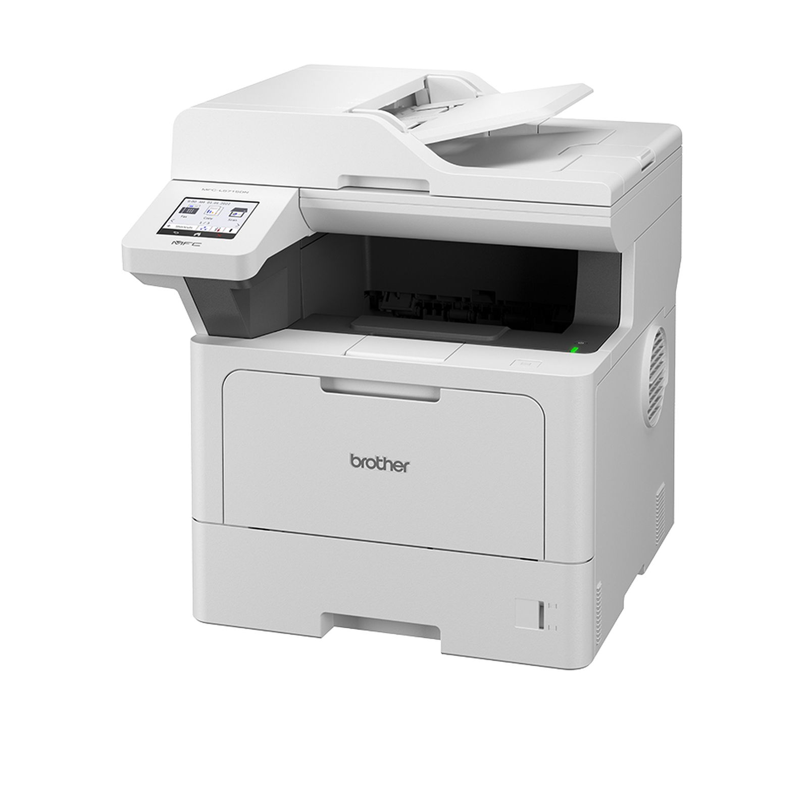 Une imprimante laser Brother blanche avec scanner et écran tactile est sur fond blanc.