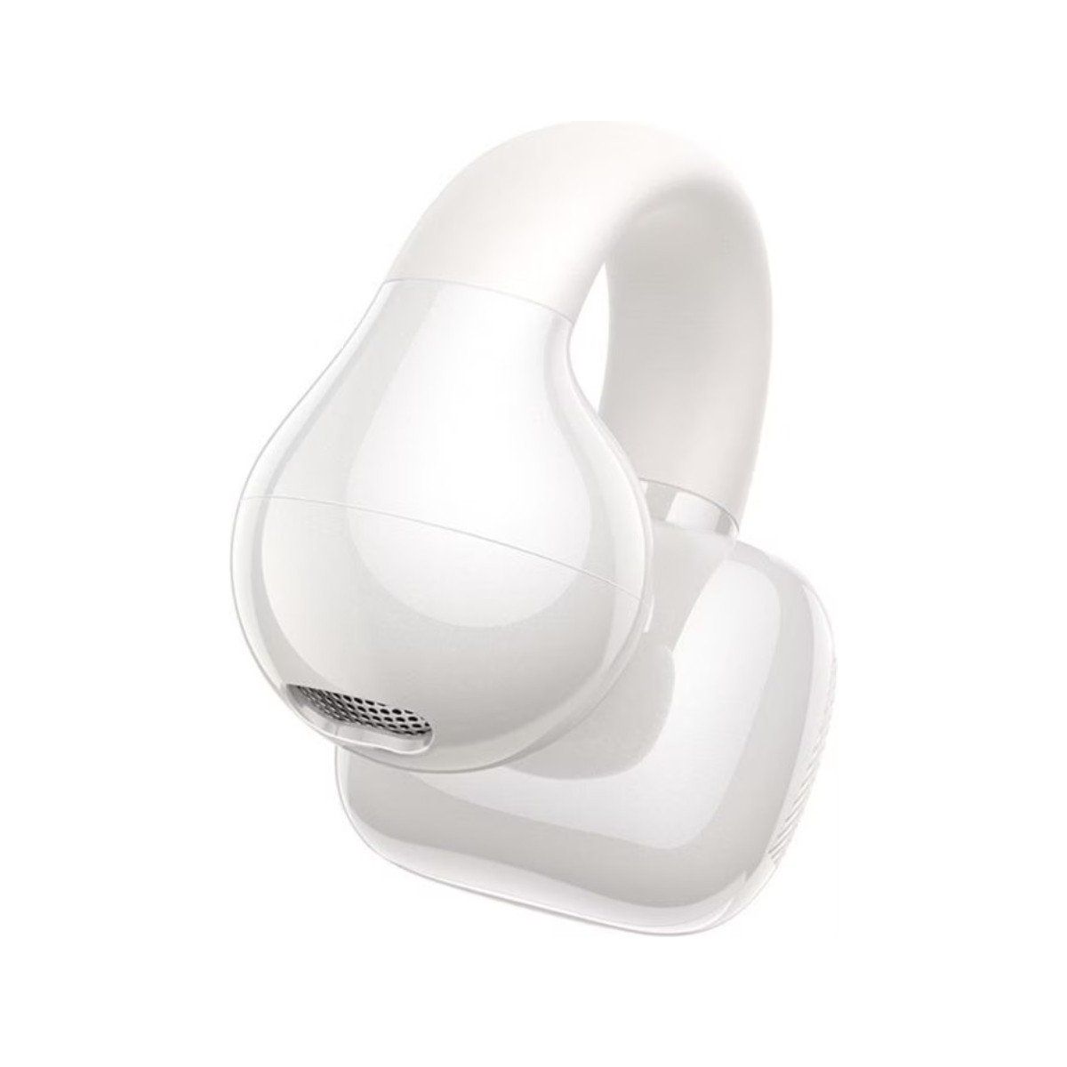 Biała słuchawka bezprzewodowa z zakrzywionym pałąkiem i wkładką w kształcie kropli.