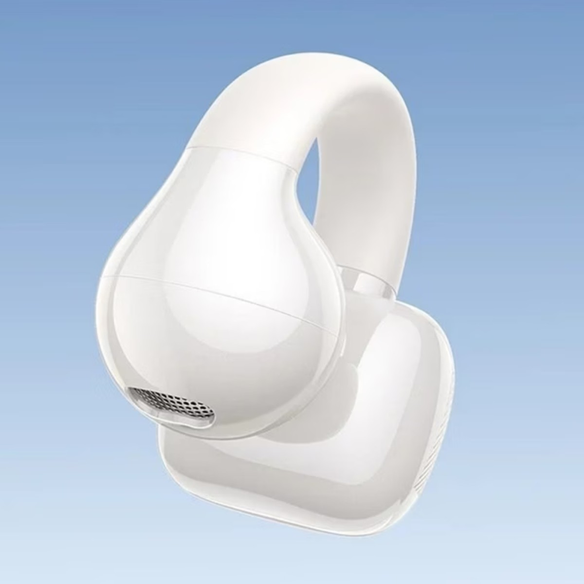 Biały bezprzewodowy słuchawka douszna z niebieskim niebem w tle.