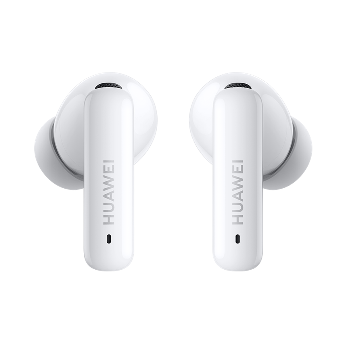 Twee witte Huawei oordopjes met zwarte accenten op een zwarte achtergrond.