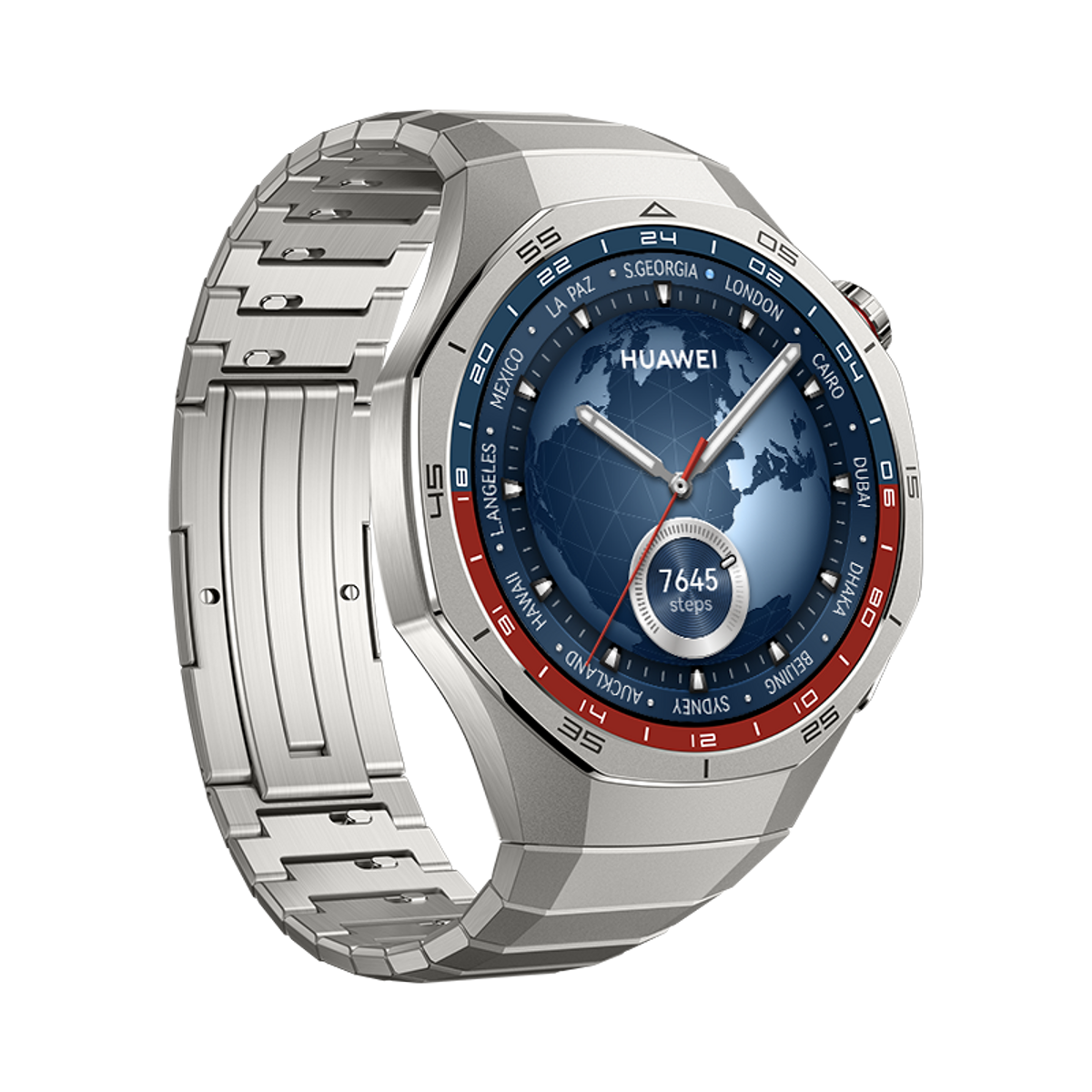 Srebrny smartwatch z tarczą mapy świata pokazującą 7645 kroków.