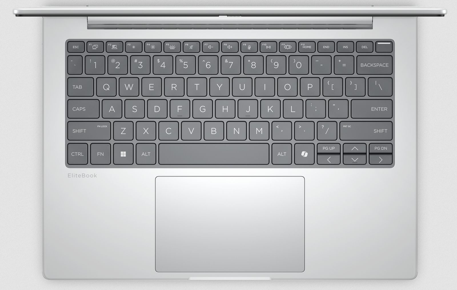 Widok z góry otwartego, srebrnego laptopa EliteBook z klawiaturą i gładzikiem.