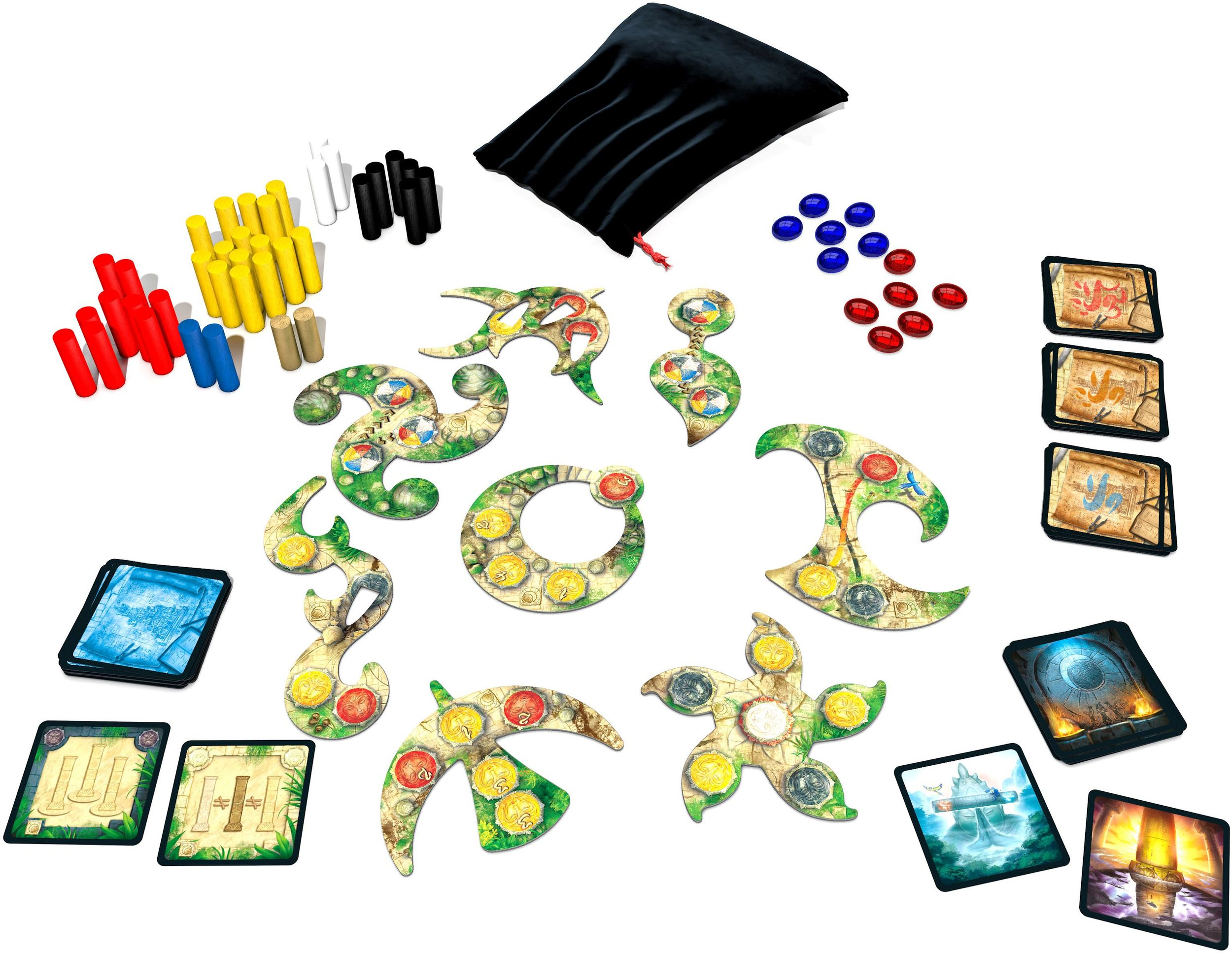 Spielkomponenten: Holzstifte, Beutel, Spielsteine, Karten und Spielplanteile.