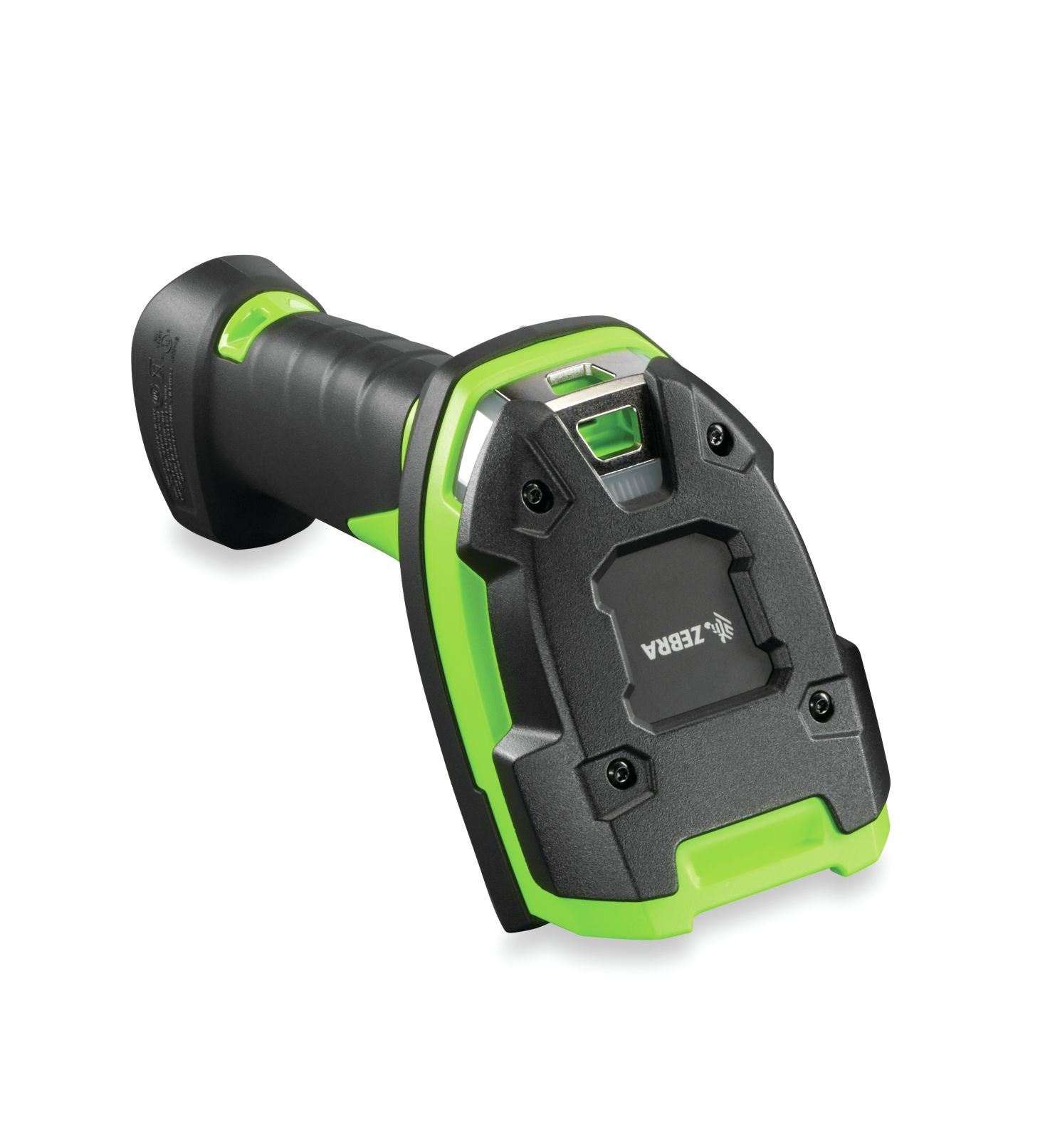 Uno scanner di codici a barre Zebra nero e verde riposa su uno sfondo bianco.