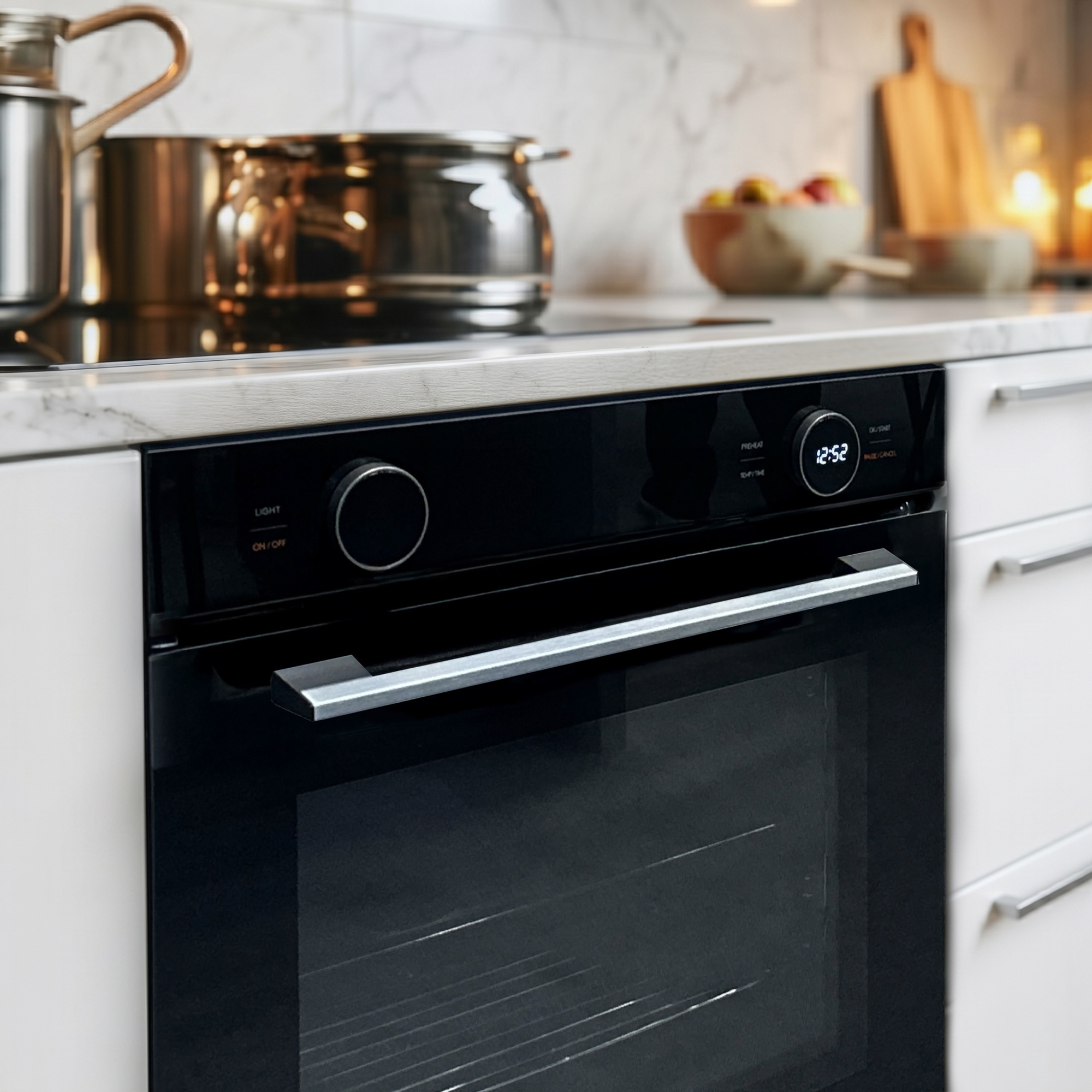 Moderne oven met digitaal display, kookgerei en fruitschaal op de achtergrond.