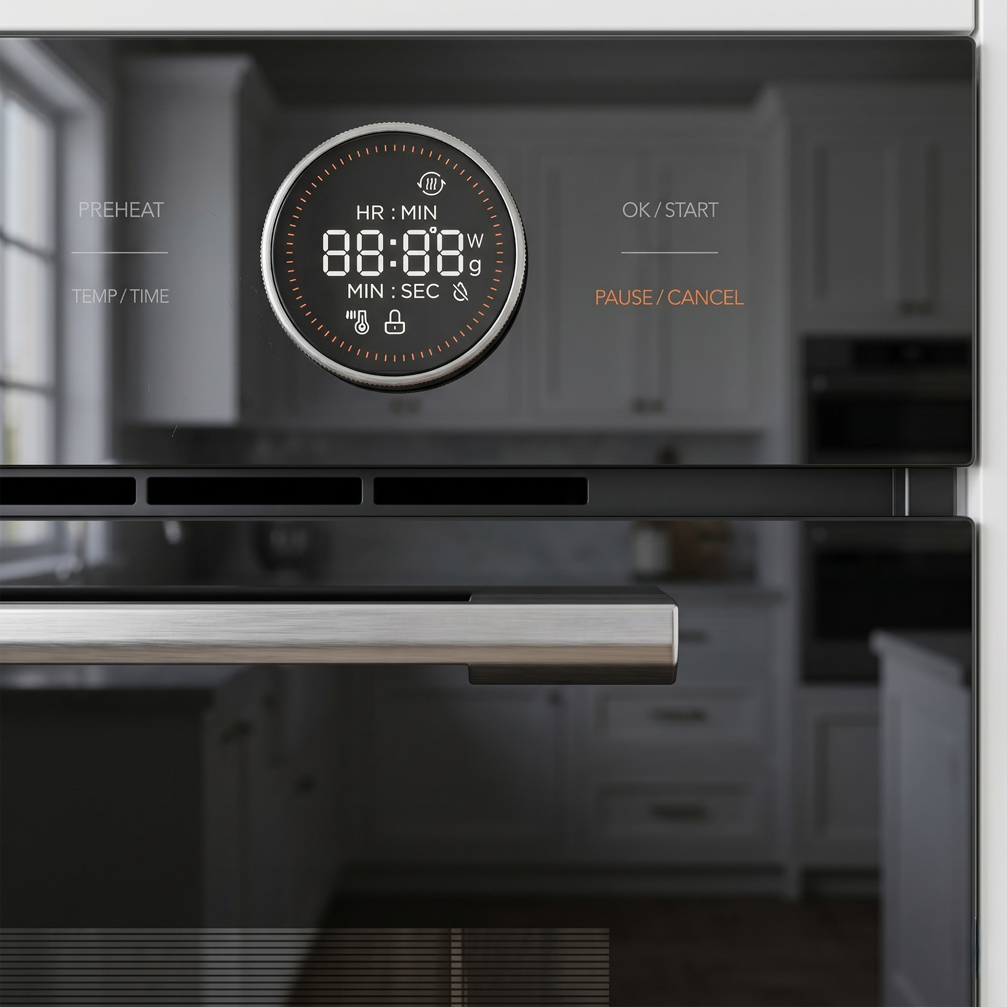 Een moderne oven met digitaal display toont 88:88 en bedieningsknoppen.