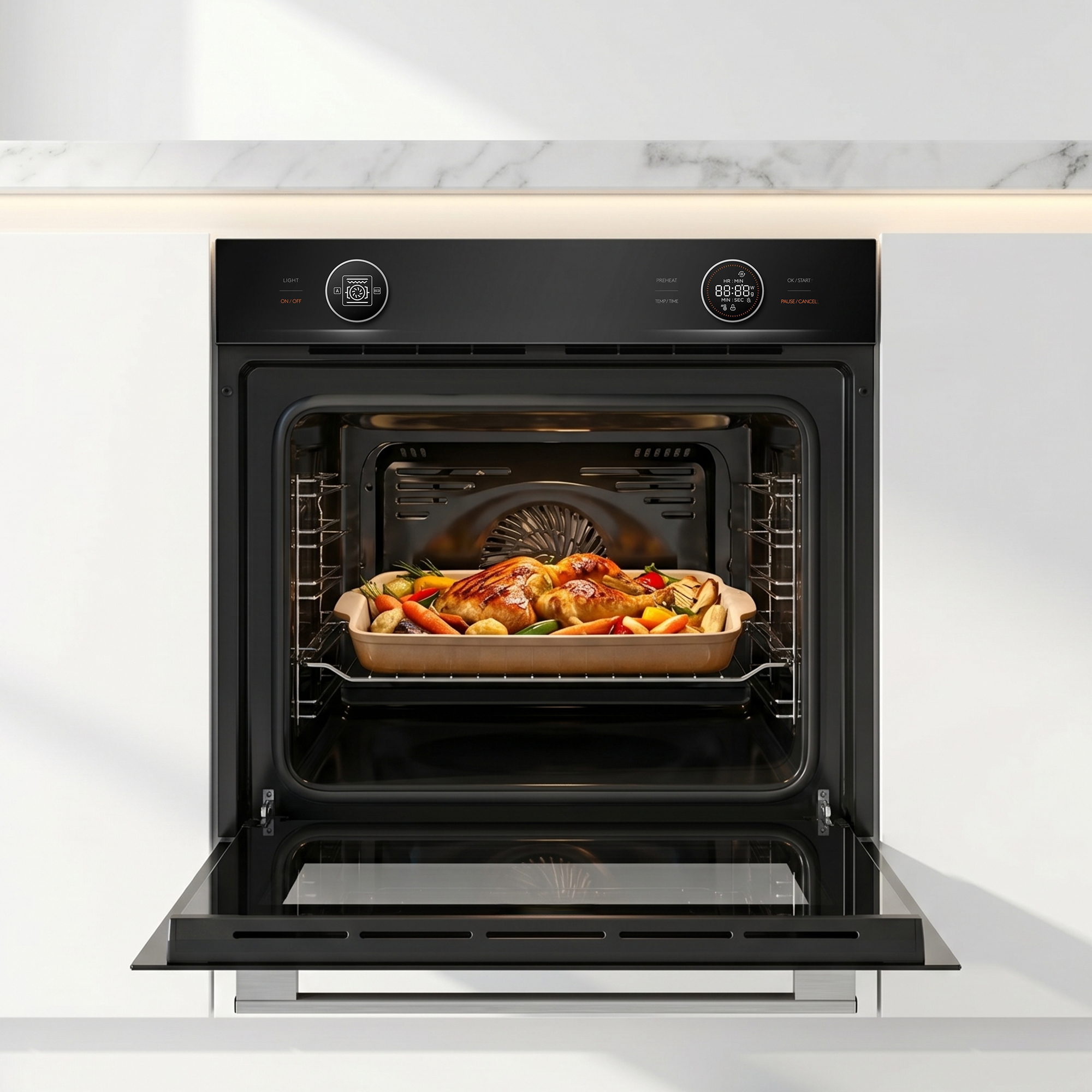 Een open oven met een braadslede met kip en groenten erin.