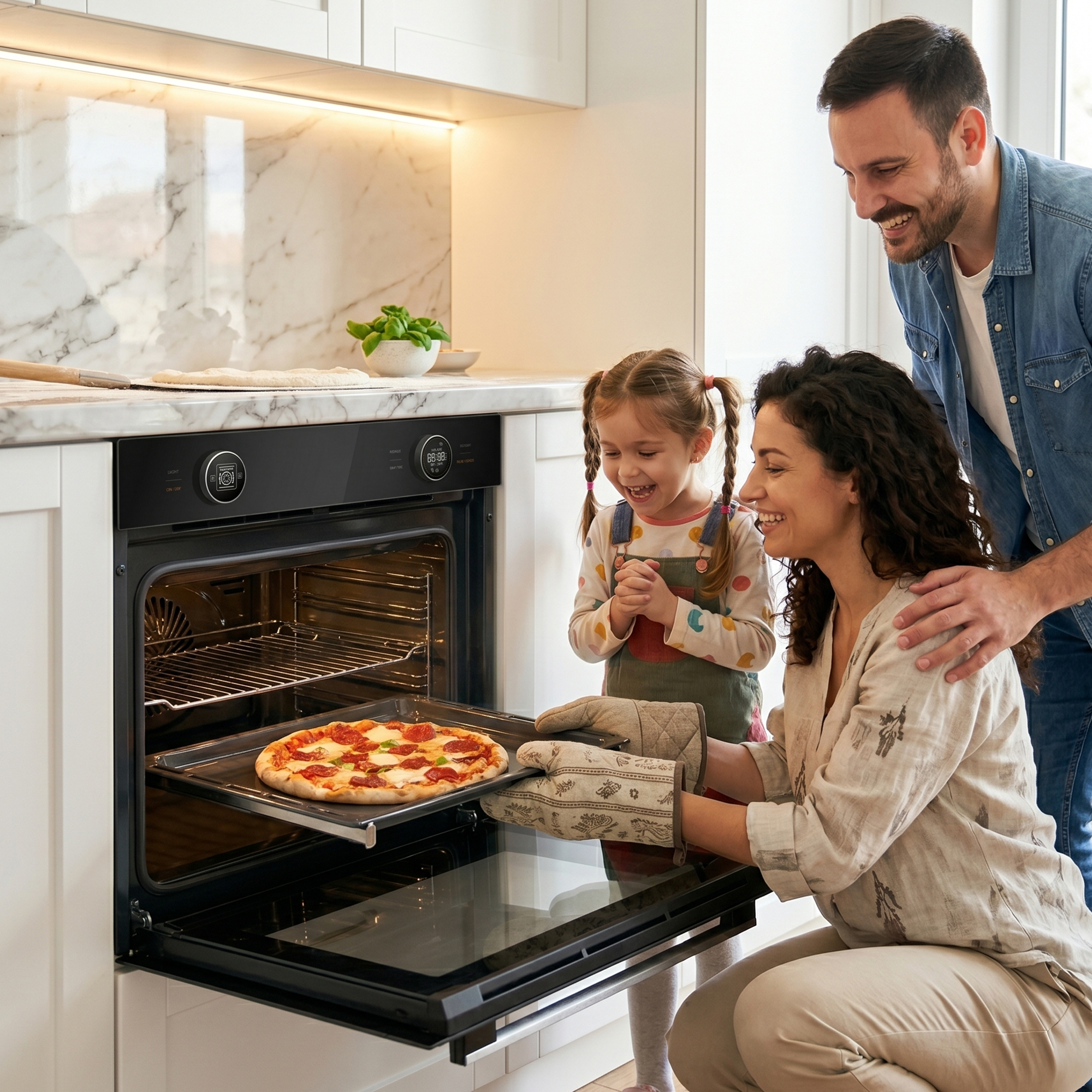 Een gezin bakt pizza in de oven. Moeder haalt hem eruit, kind kijkt toe.