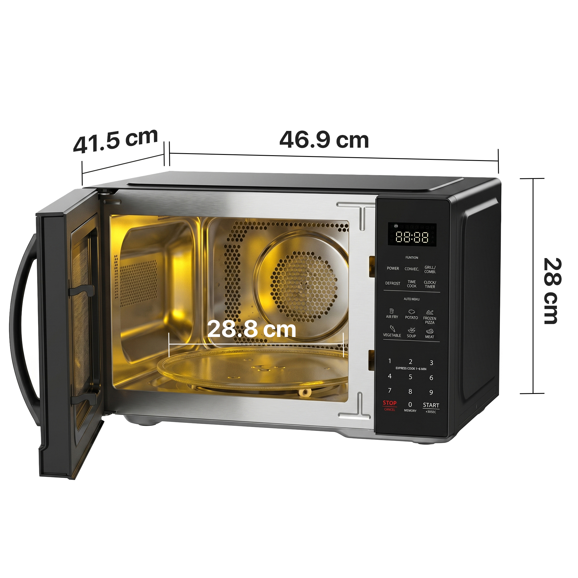 Black microwave with open door, showing interior. Dimensions 41.5x46.9x28 cm.