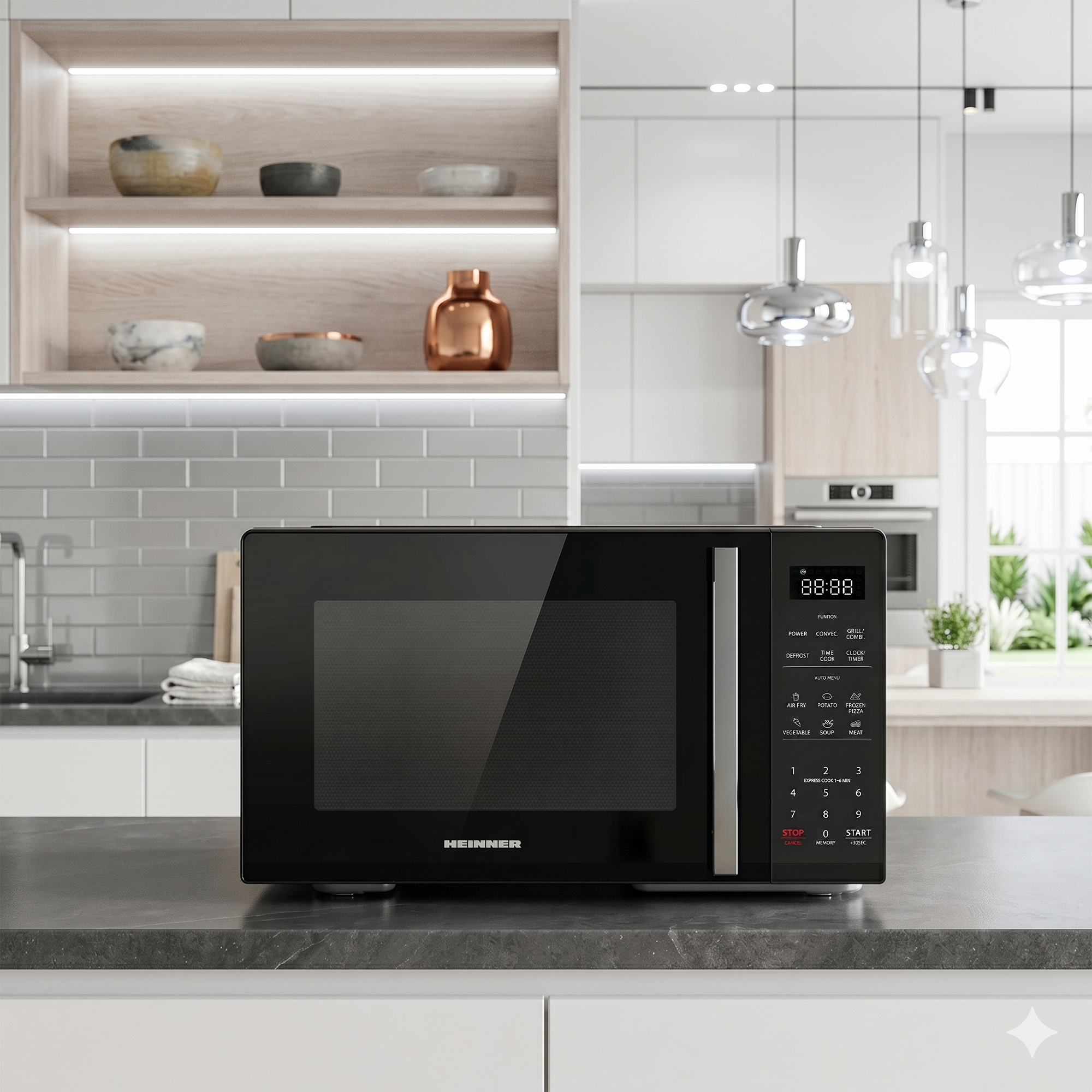A black microwave sits on a kitchen counter, with shelves and lights in the background.