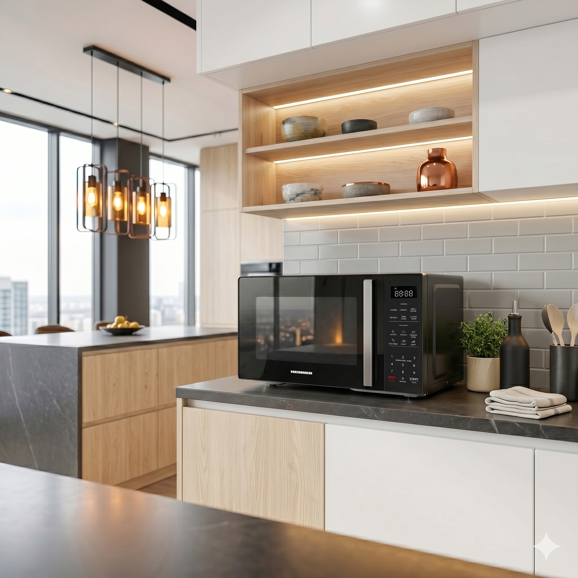 Modern kitchen with black microwave, wood accents, and city view.