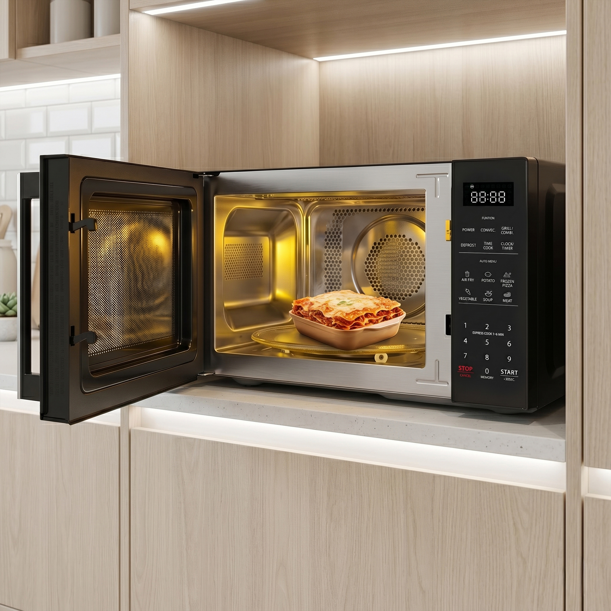 Open microwave with lasagna inside, illuminated interior, and control panel.
