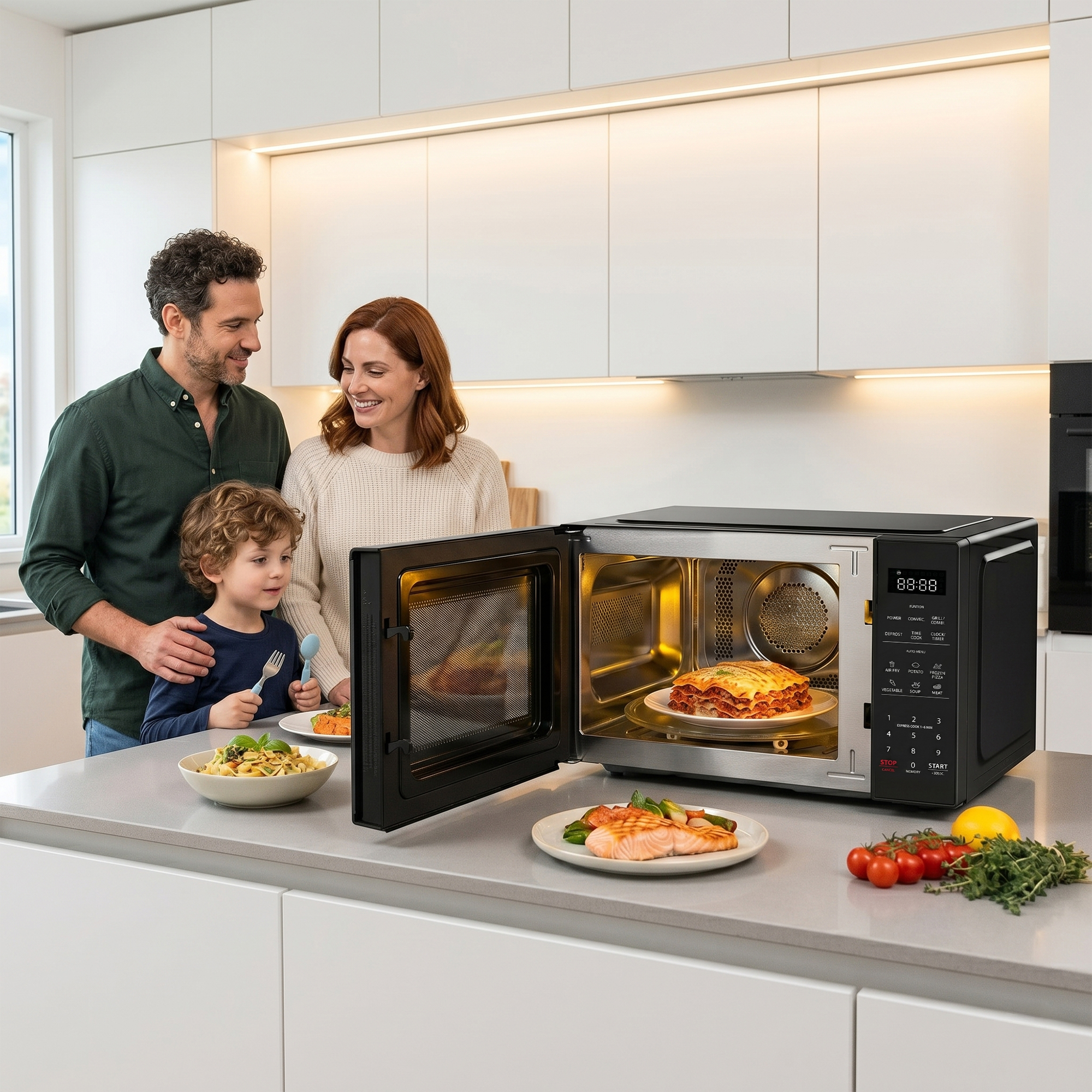 A family stands in a kitchen. A man and woman look at an open microwave cooking lasagna.