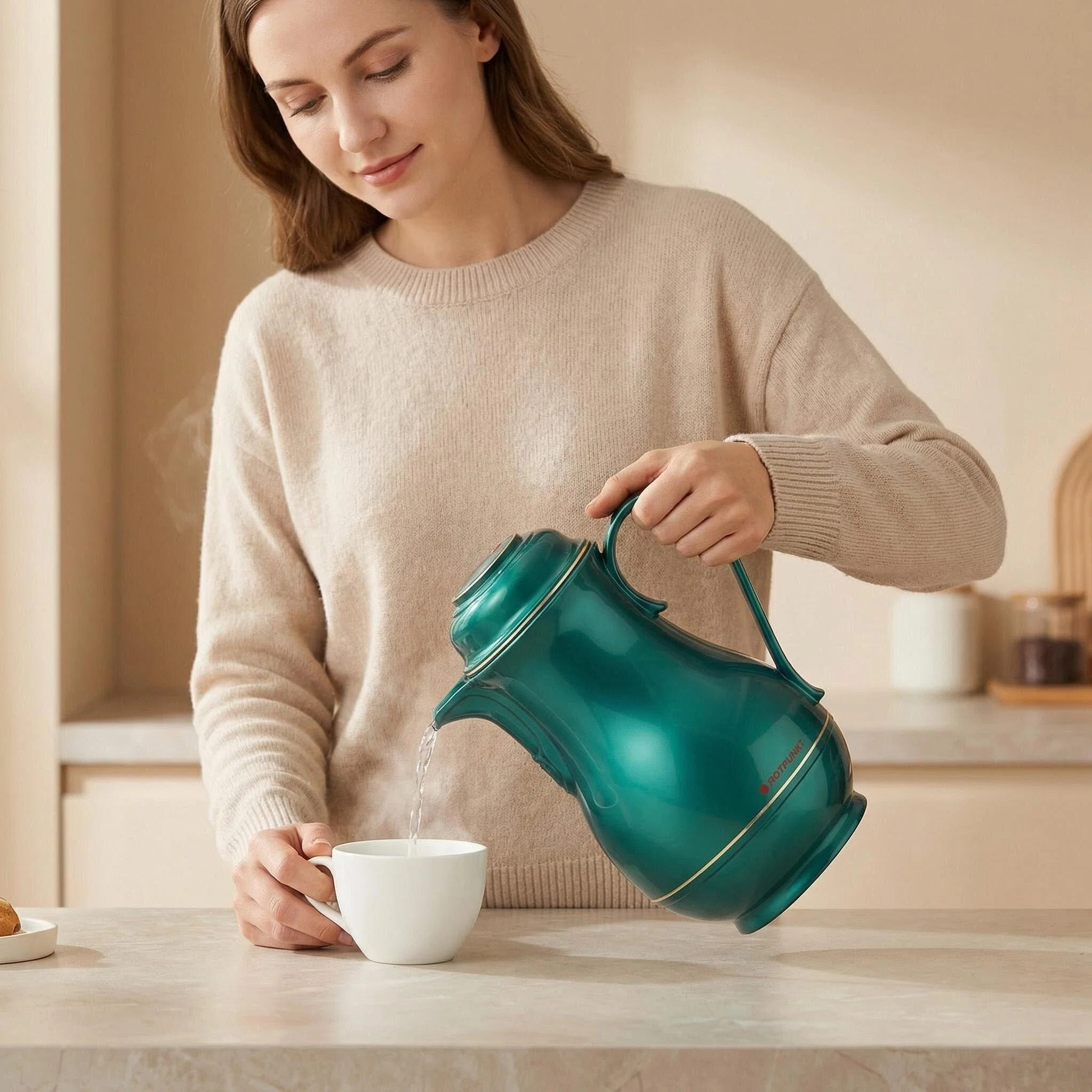 Eine Frau gießt heißes Wasser aus einer grünen Kanne in eine weiße Tasse.