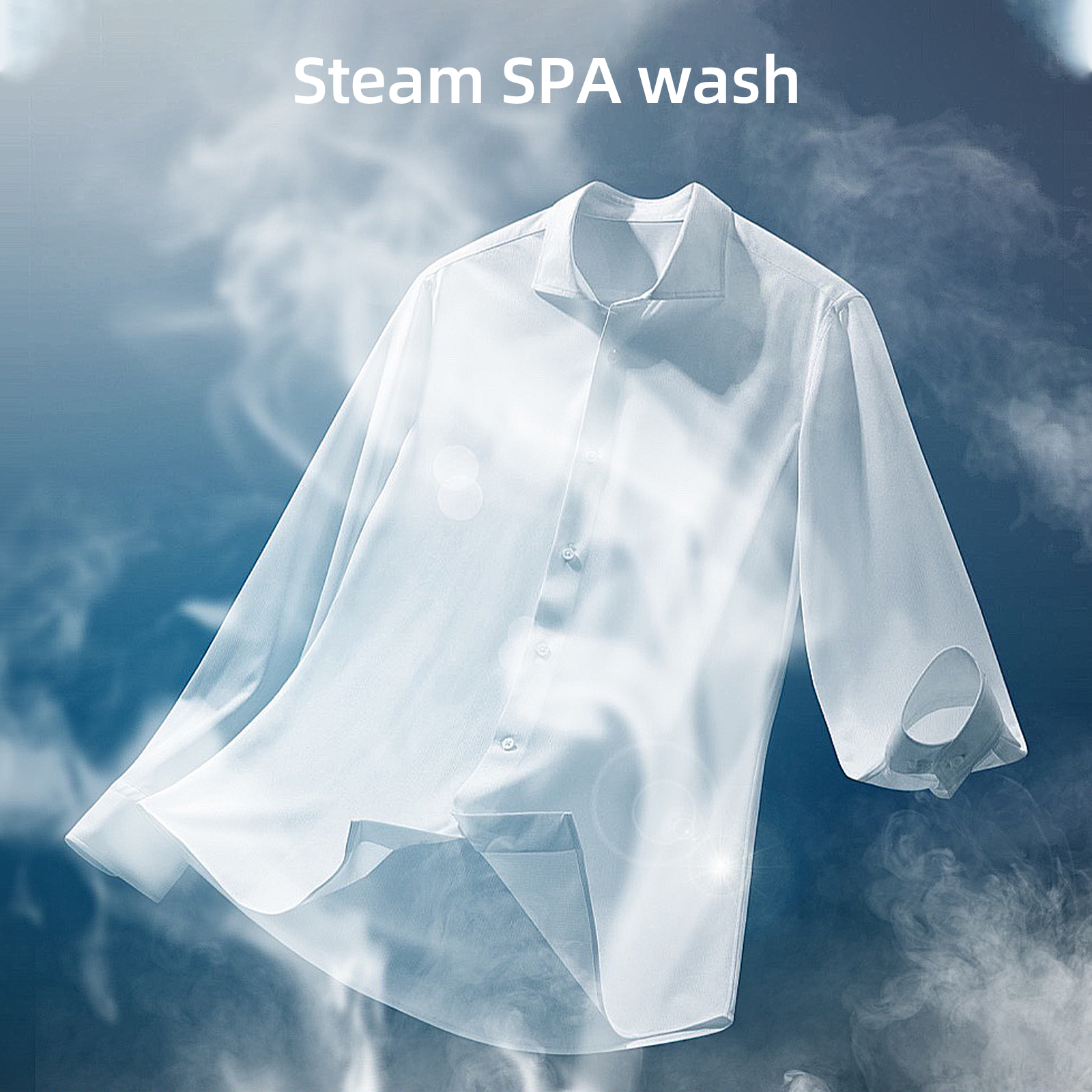Une chemise blanche à col et boutons, enveloppée de vapeur.