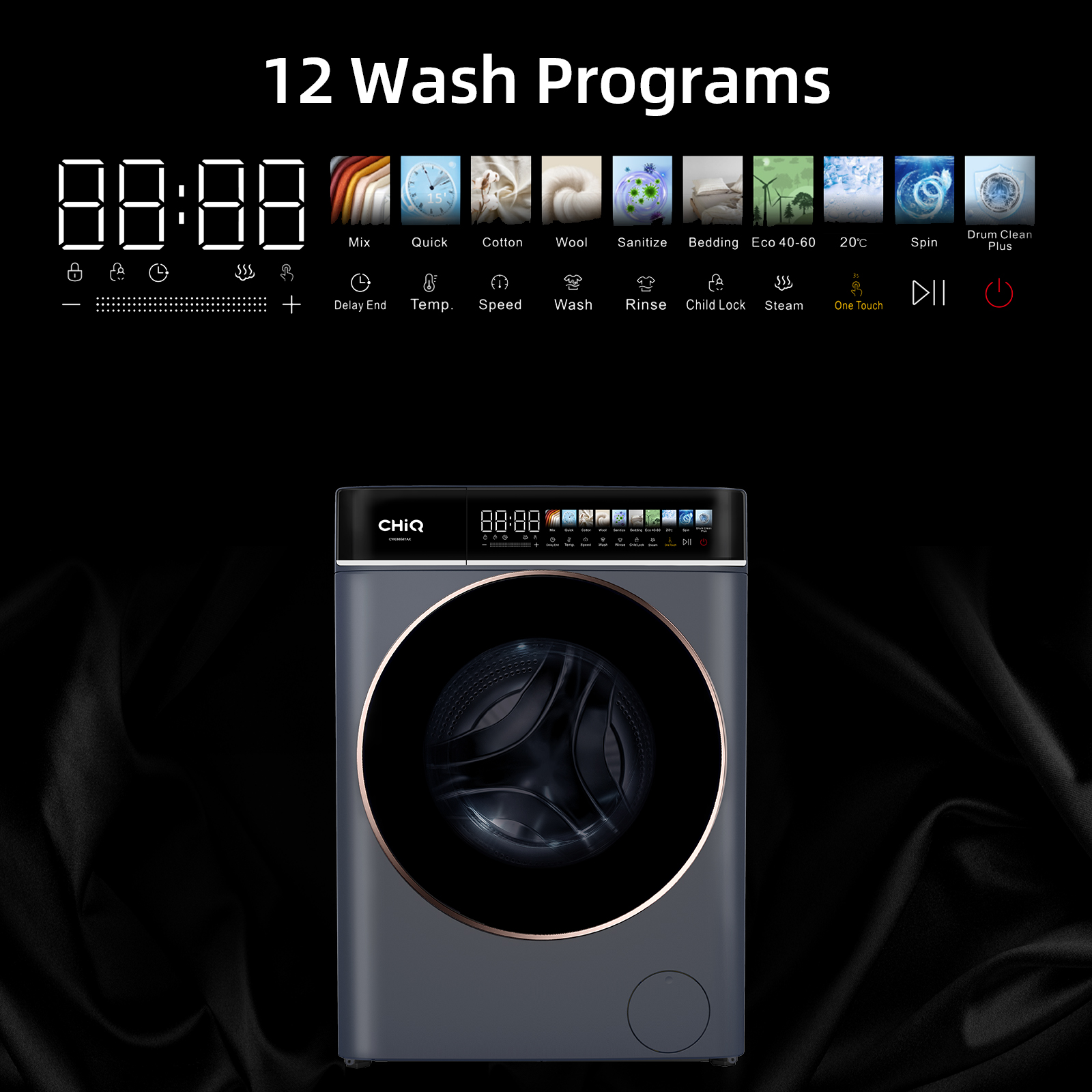 Une machine à laver moderne avec 12 programmes et un écran numérique. Fond sombre.