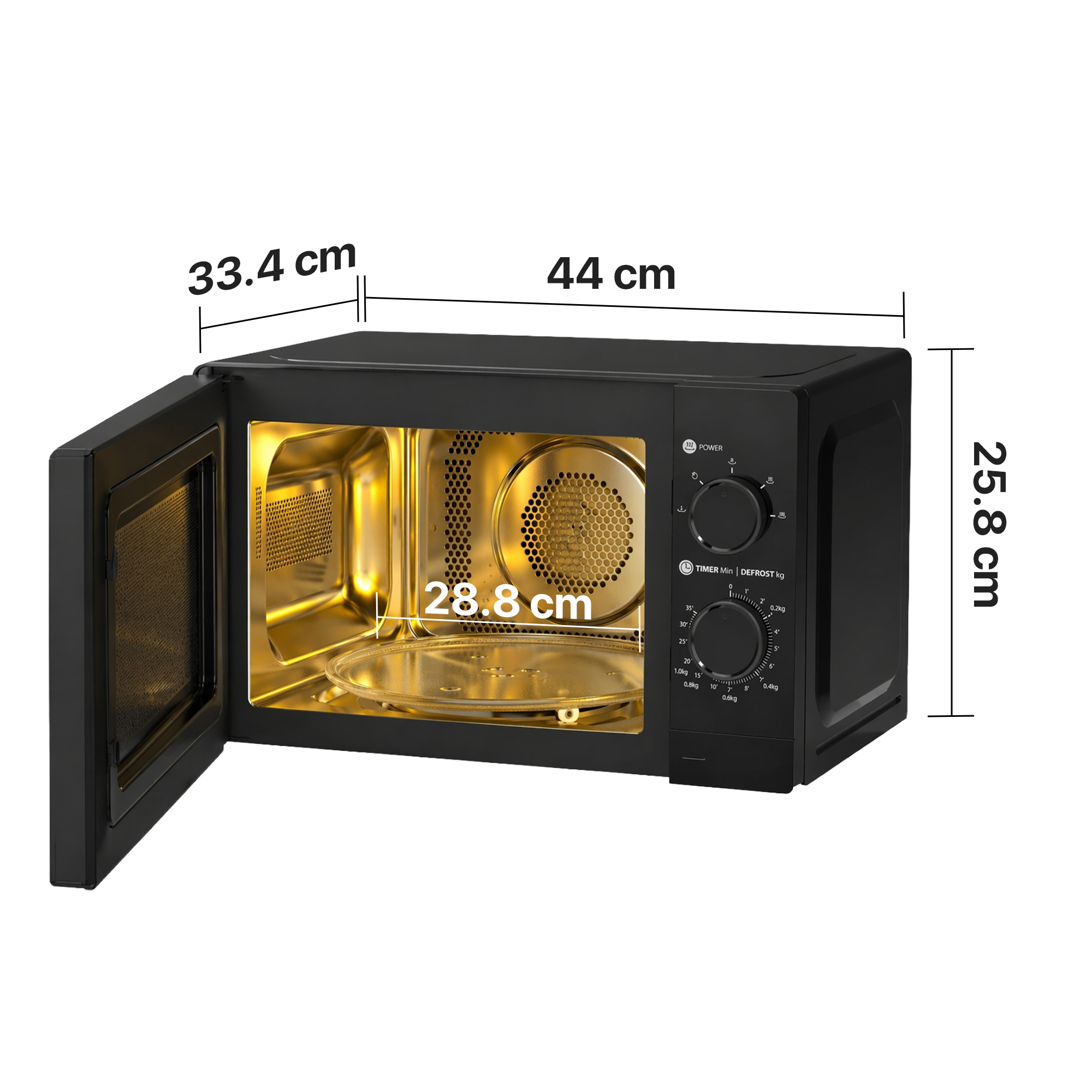 Black microwave oven with door open, showing interior. Dimensions: 44cm W, 33.4cm D, 25.8cm H.