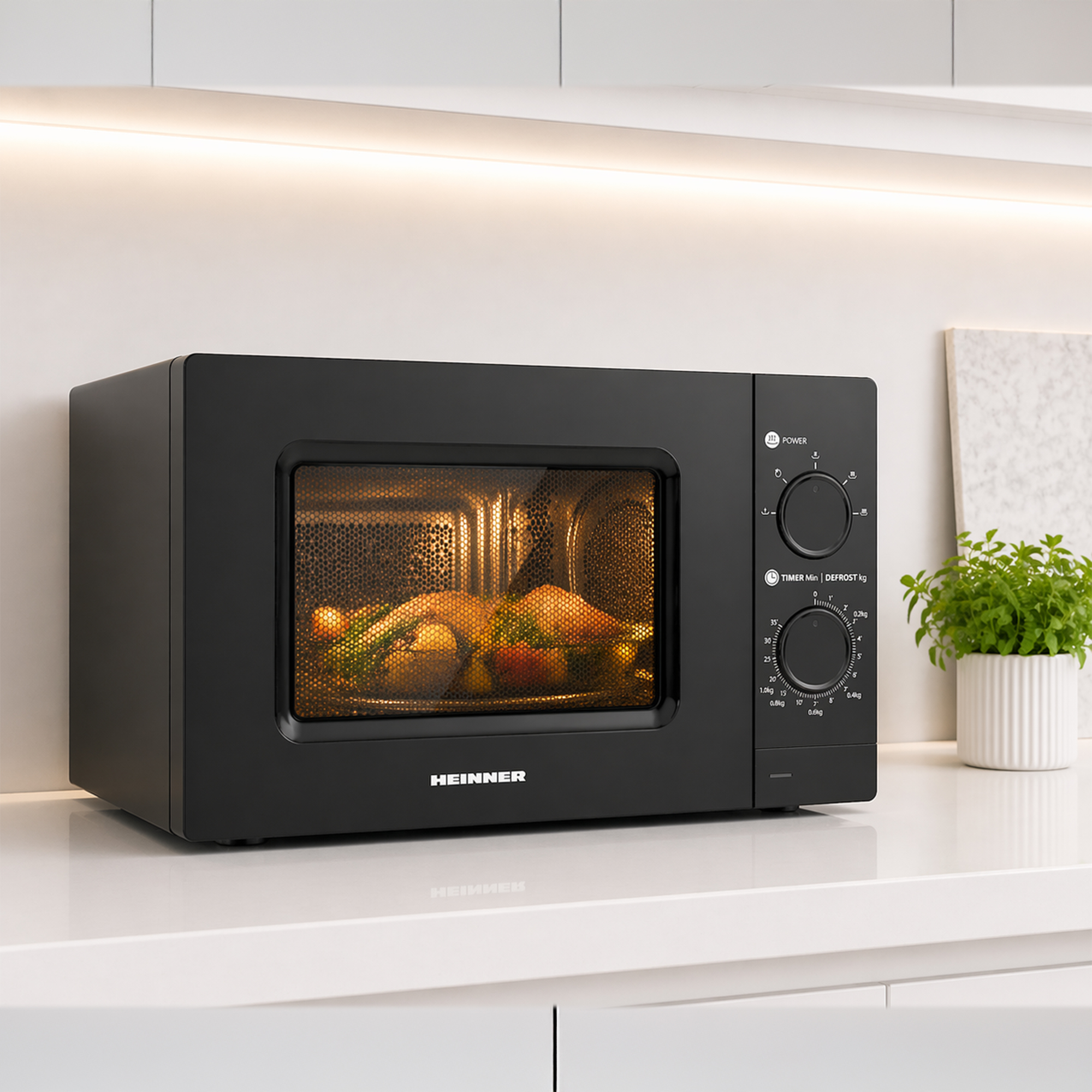 Black microwave with food inside, on a white countertop.