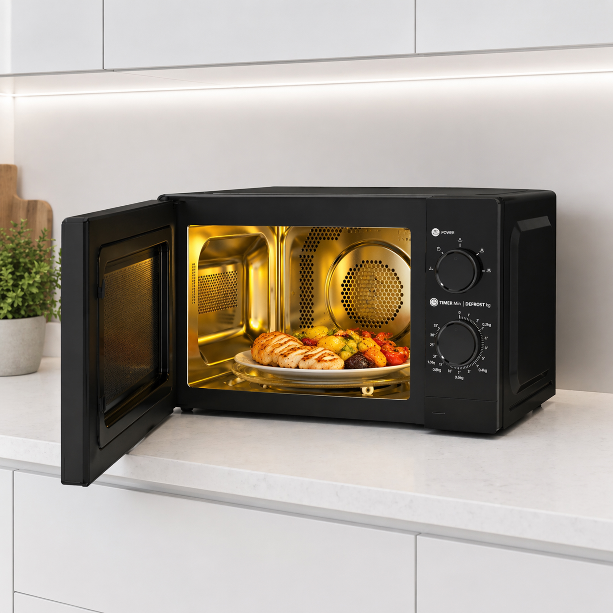 A black microwave with its door open, showing grilled chicken and vegetables inside.
