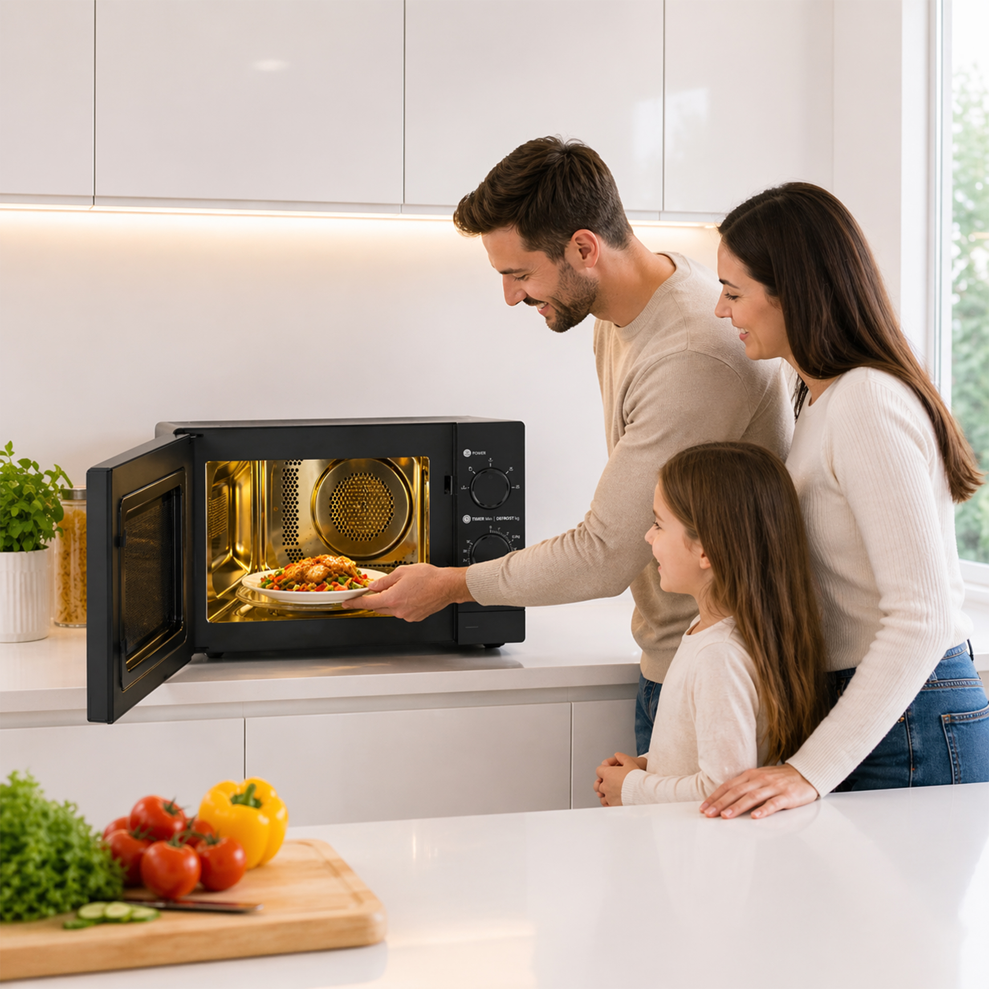 A family in a kitchen, man taking food from microwave. Vegetables on a cutting board.