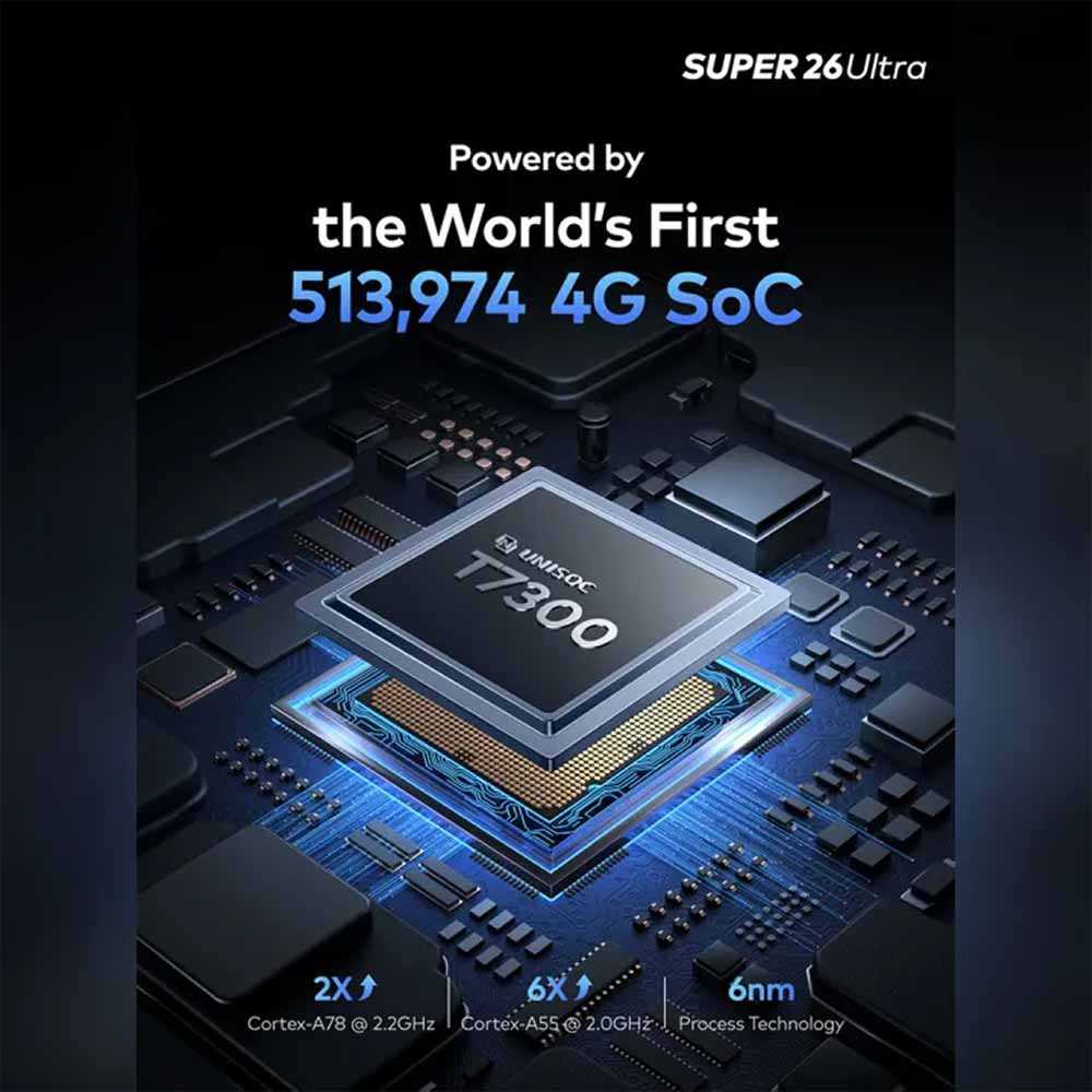 Nahaufnahme einer CPU mit der UNISOC T7300-Bezeichnung, umgeben von Schaltkreisen.