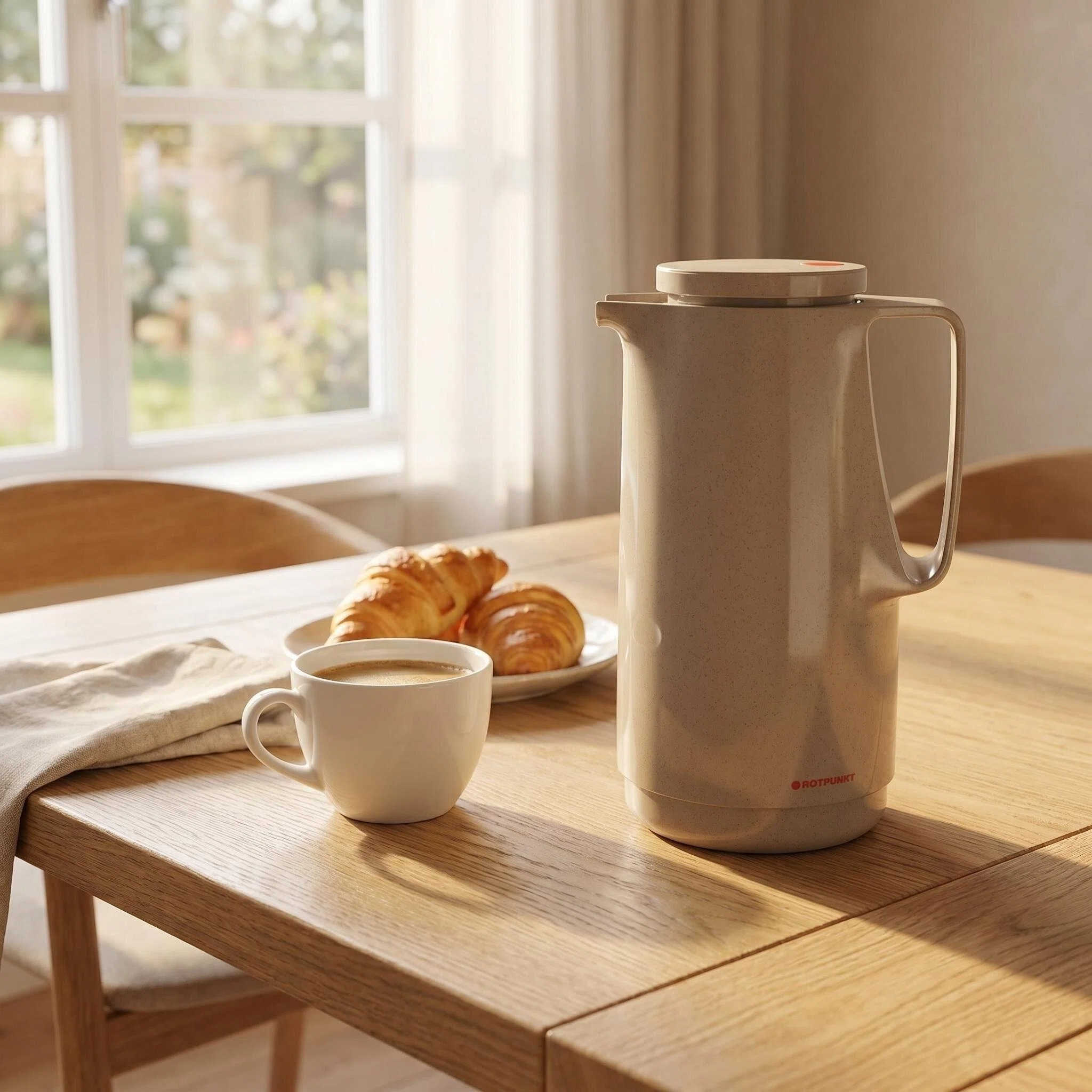 Ein beiger Thermoskanne steht auf einem Holztisch mit Kaffee und Croissants.