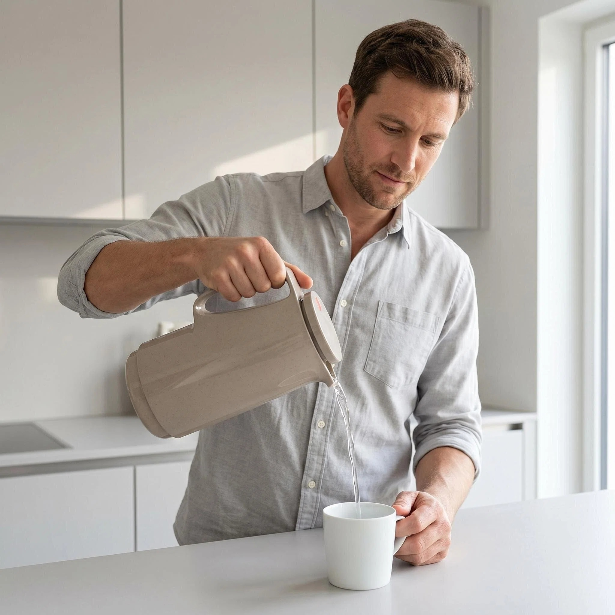 Ein Mann gießt Wasser aus einer Kanne in eine weiße Tasse in einer modernen Küche.