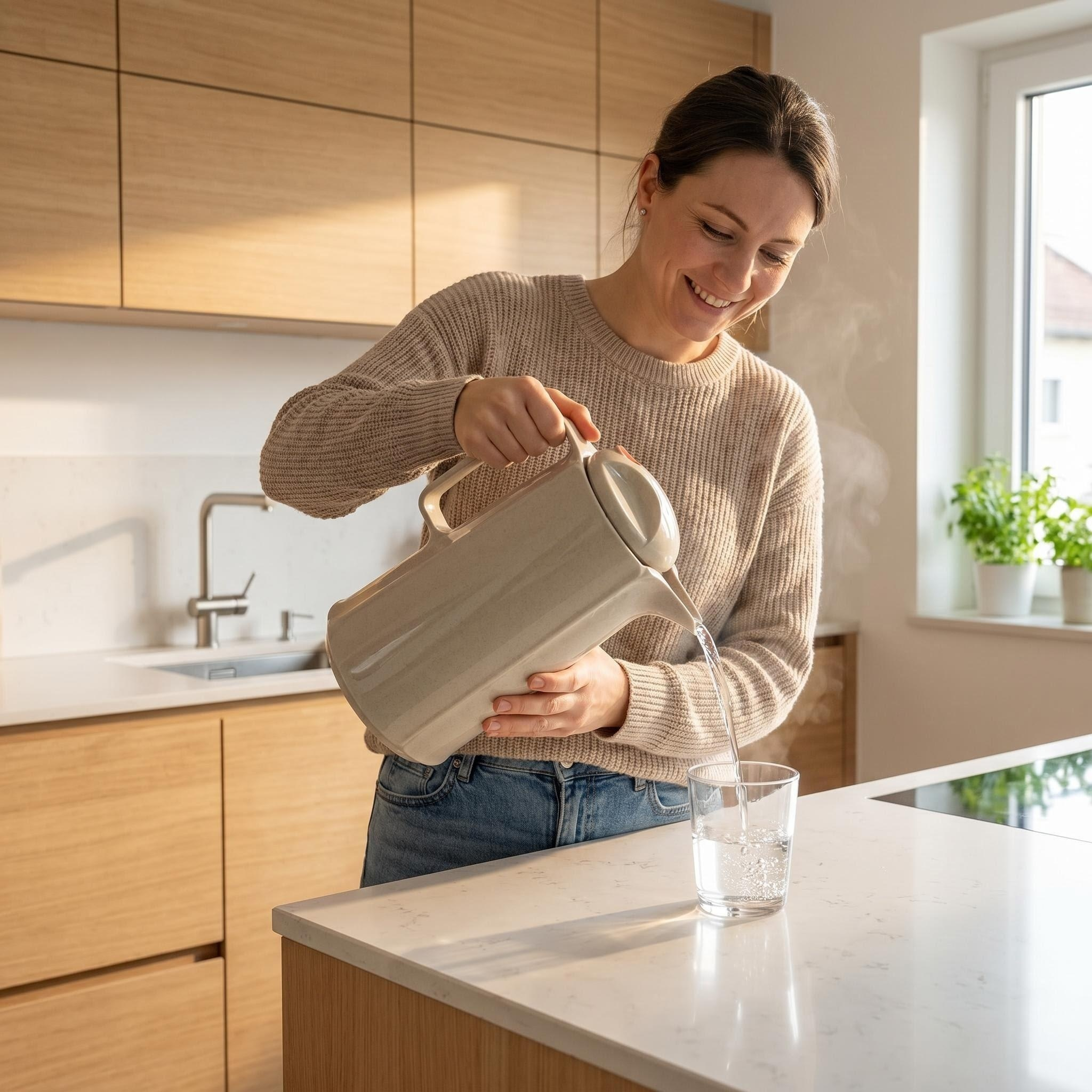 Eine Frau gießt heißes Wasser aus einem beigen Krug in ein Glas in einer modernen Küche.