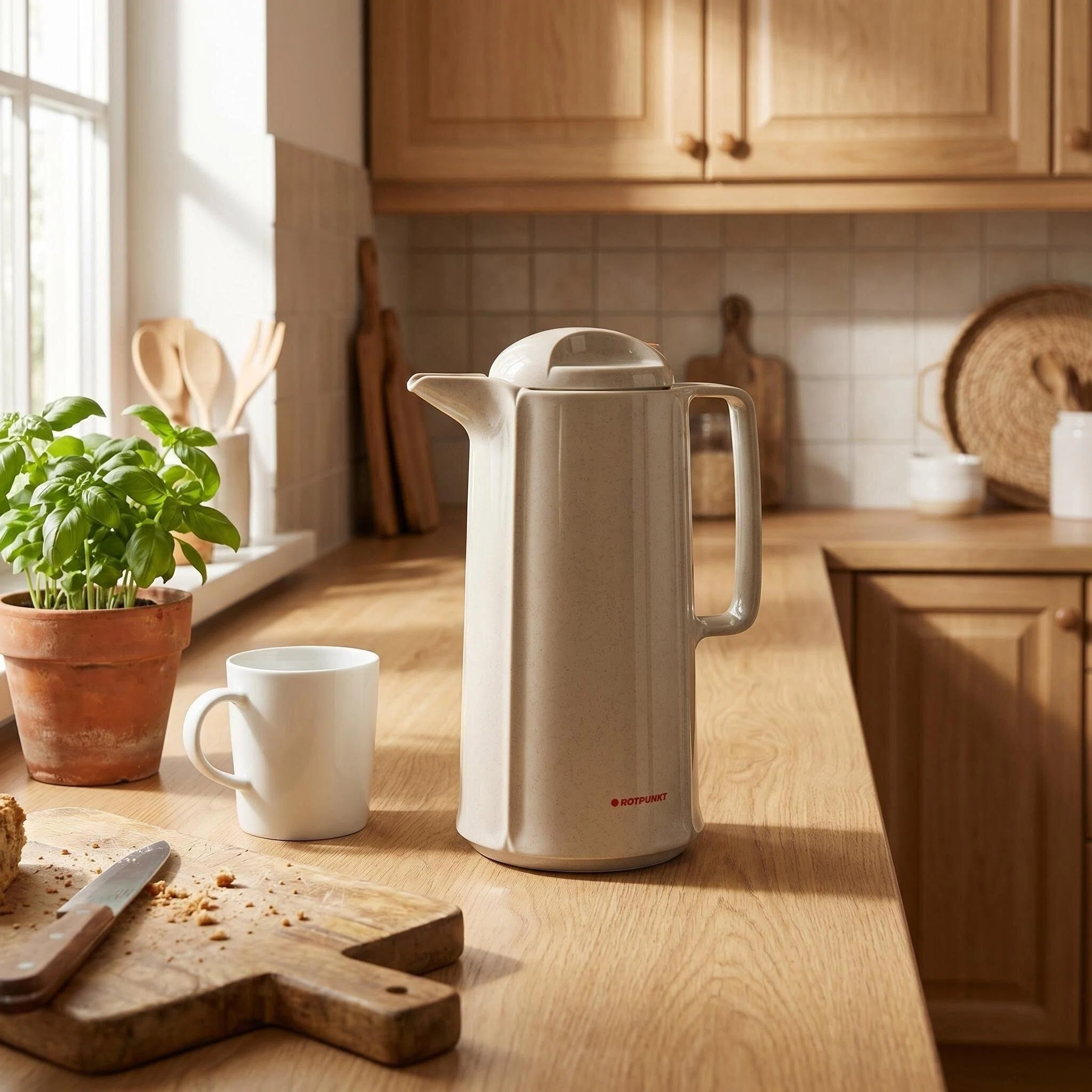 Eine beige Thermoskanne mit rotem Logo steht neben einer Tasse.