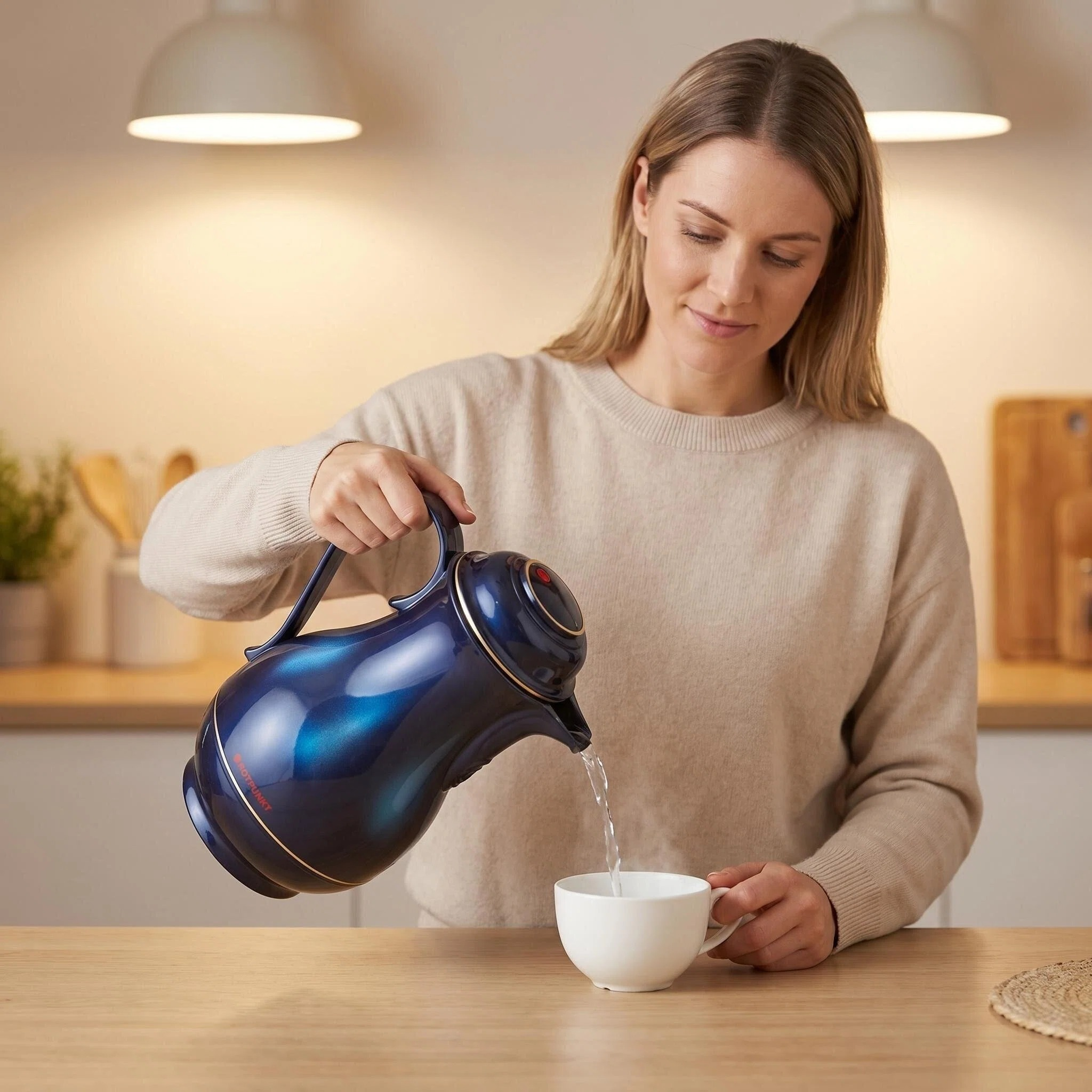 Eine Frau gießt heißes Wasser aus einem dunkelblauen Thermosgießer in eine weiße Tasse.