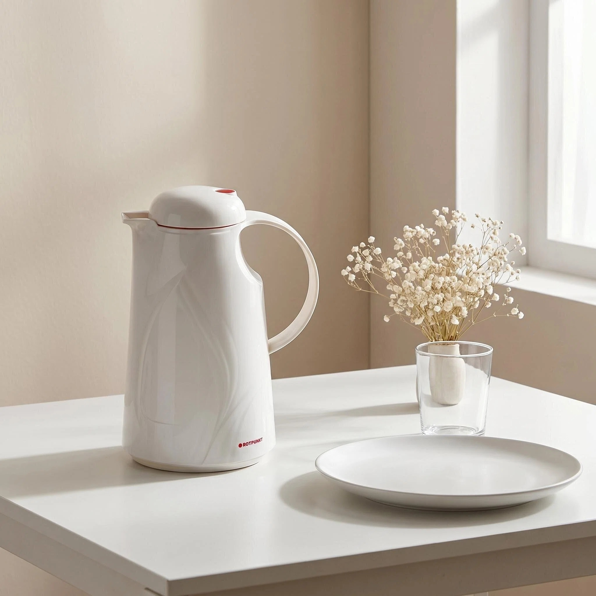 Weiße Thermoskanne auf Tisch mit Teller, Glas und getrockneten Blumen.