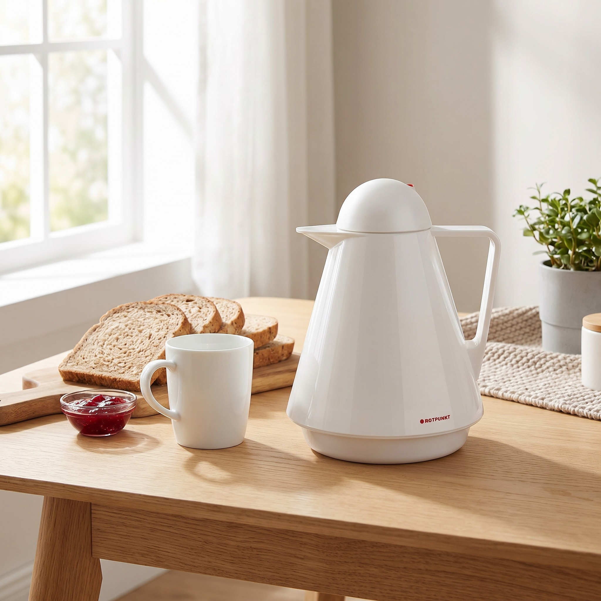Ein weißer Thermoskanne, Tasse, Marmelade und Brotscheiben auf einem Holztisch.