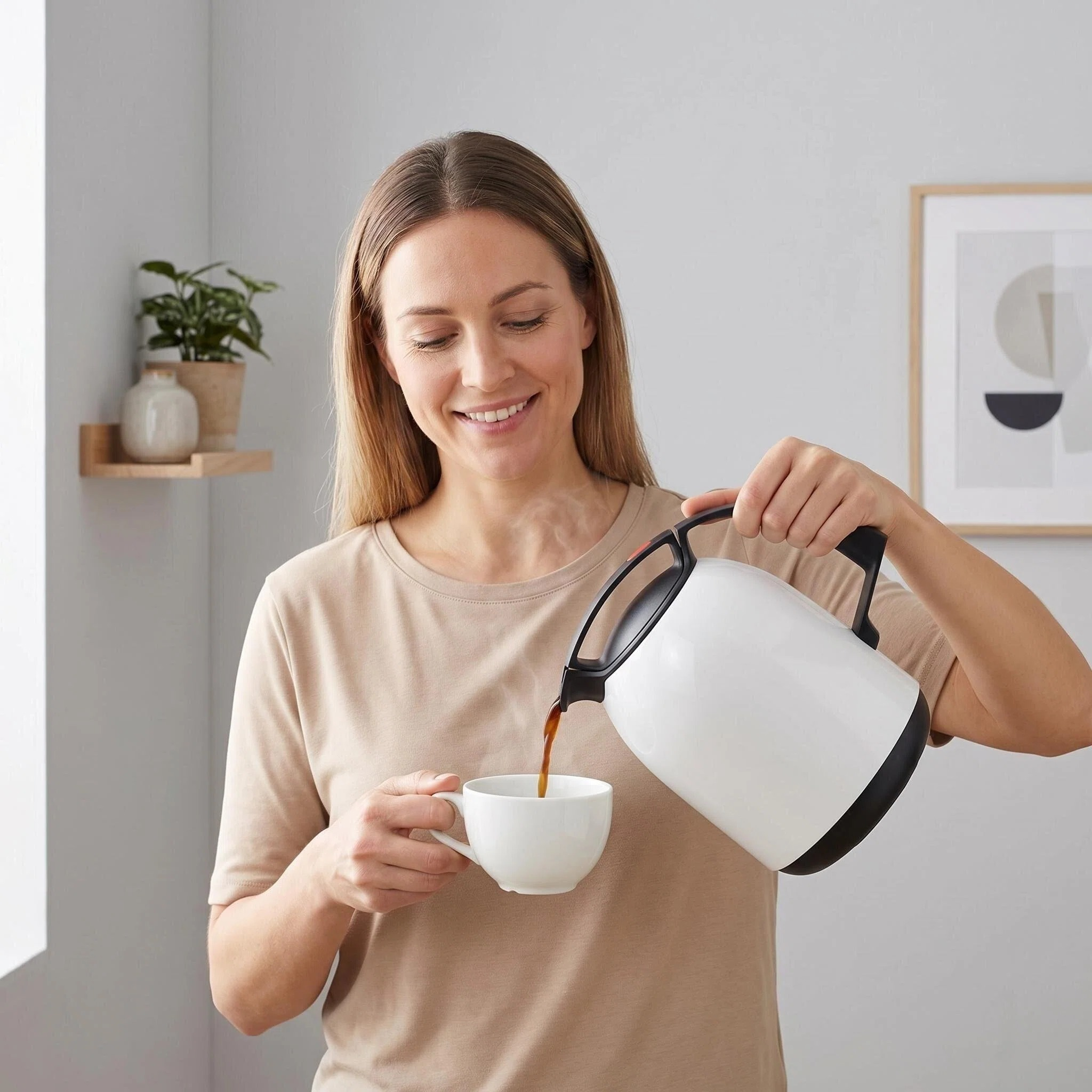 Frau gießt Kaffee aus einer weißen Kanne in eine Tasse.