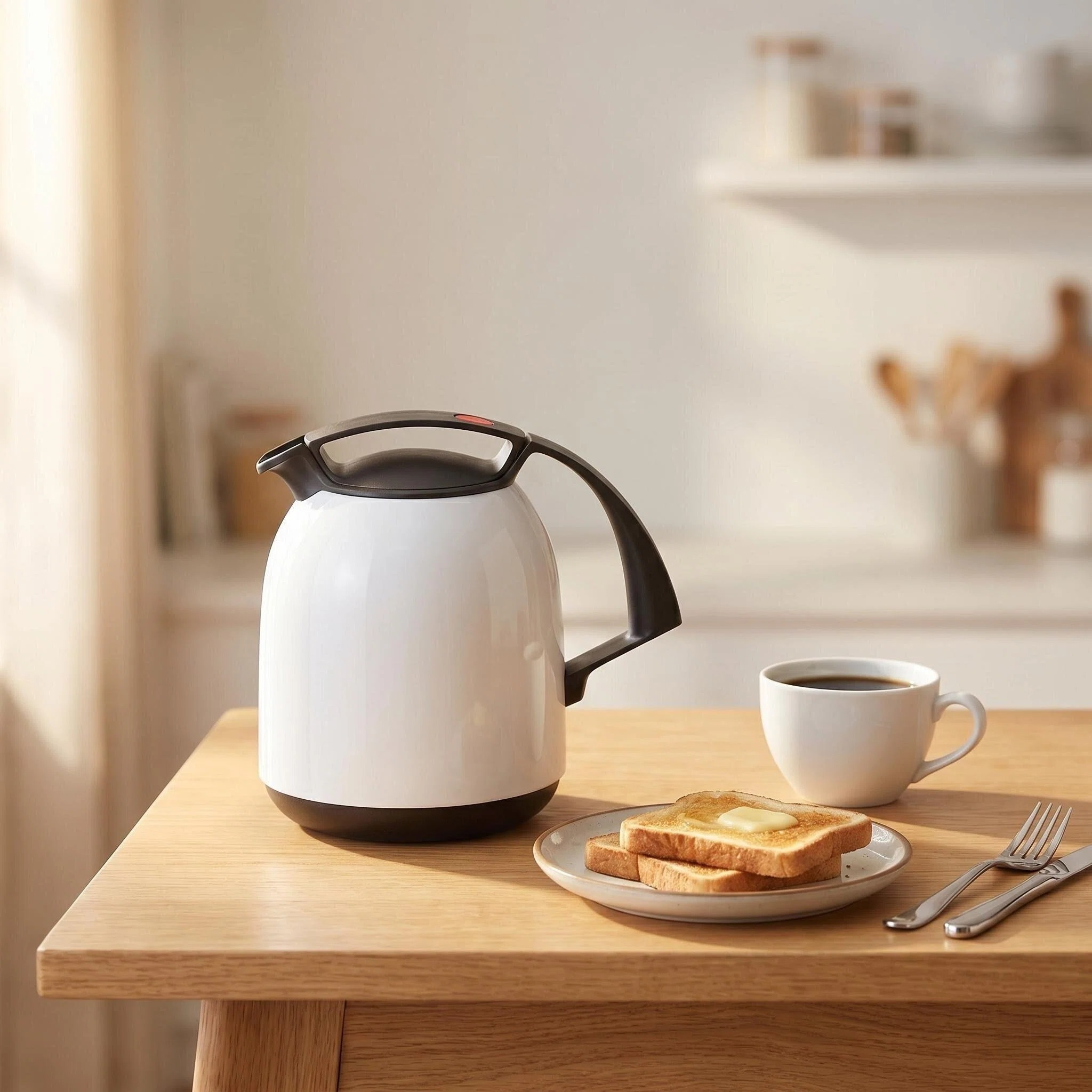 Ein weißer Thermosbehälter mit schwarzem Griff, daneben eine Tasse Kaffee und Toast.
