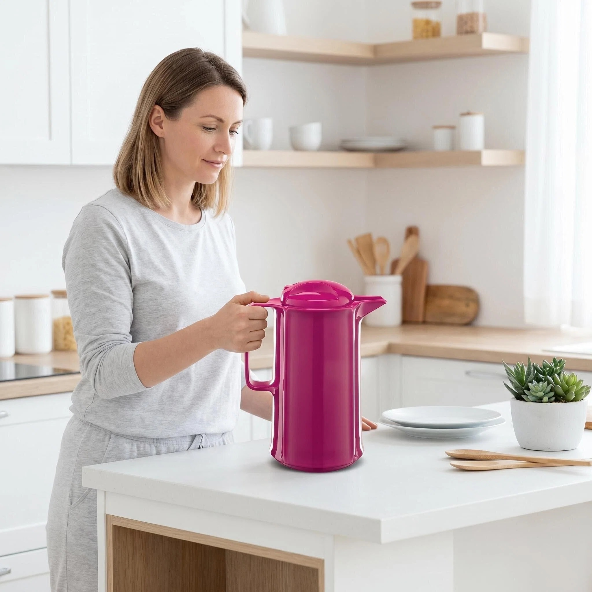 Eine Frau hält eine pinke Thermoskanne in einer hellen Küche.