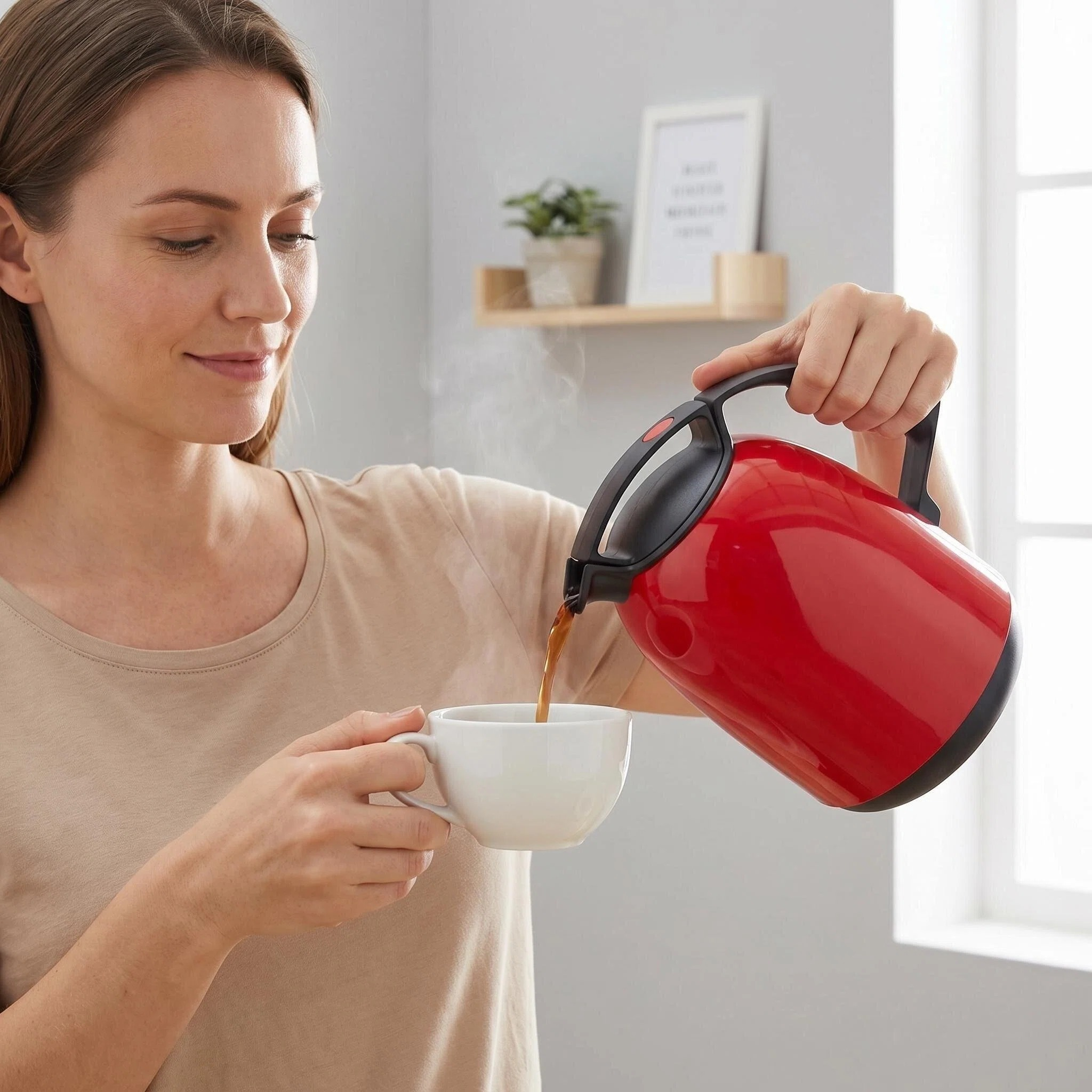 Eine Frau gießt Kaffee aus einem roten Wasserkocher in eine weiße Tasse.