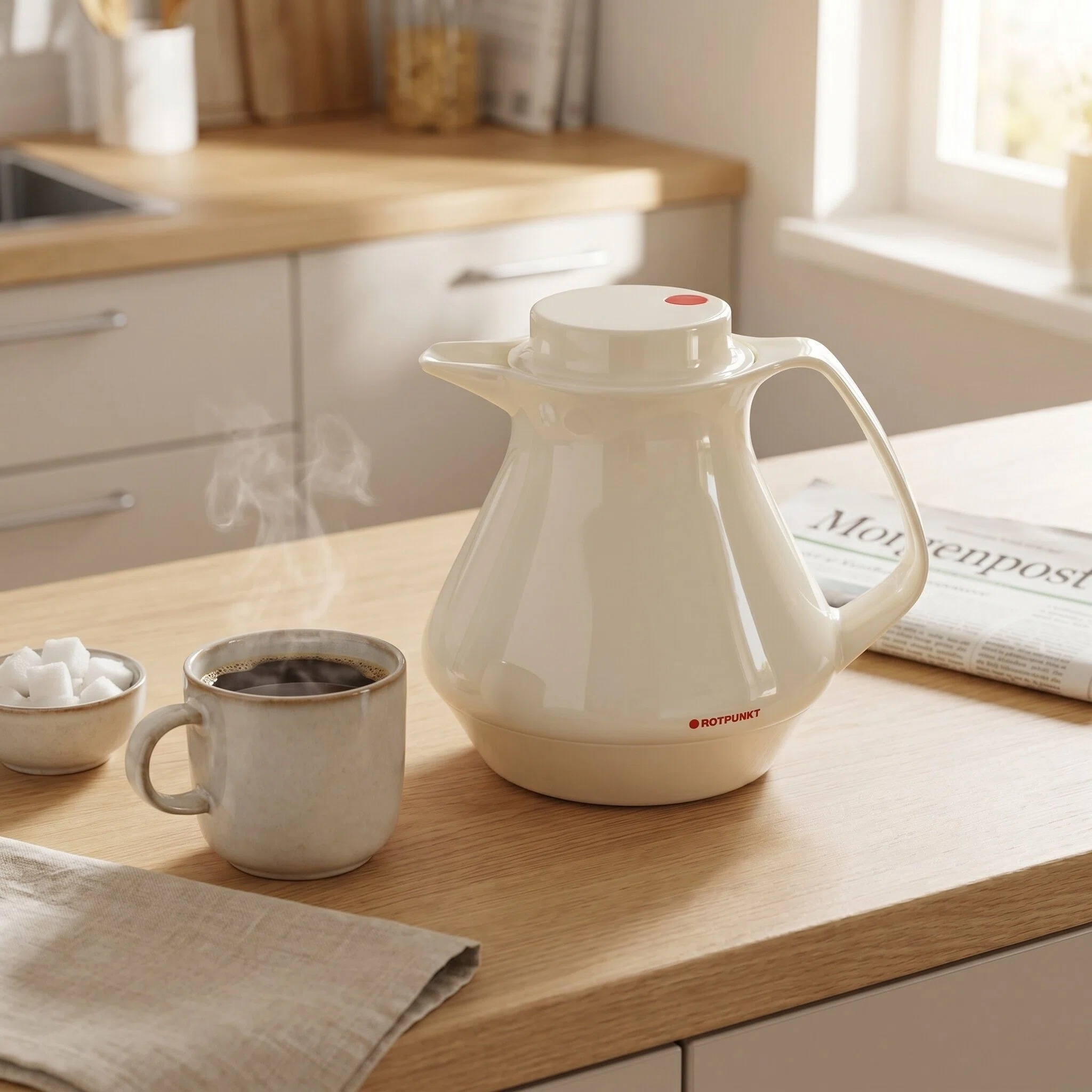 Eine weiße Thermoskanne mit einer Tasse Kaffee und Würfelzucker auf einem Holztisch.