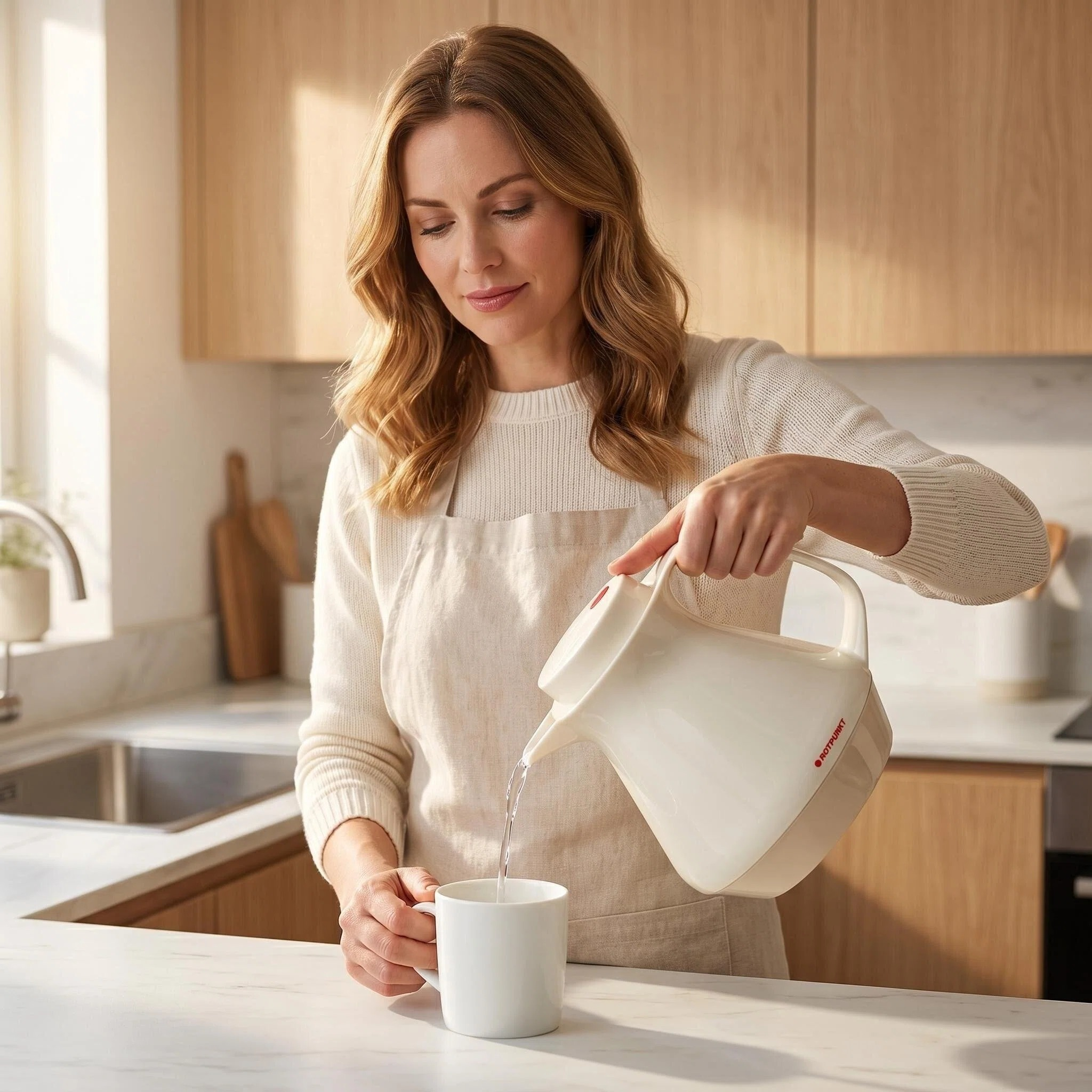 Eine Frau gießt Wasser aus einem weißen Wasserkocher in eine weiße Tasse.