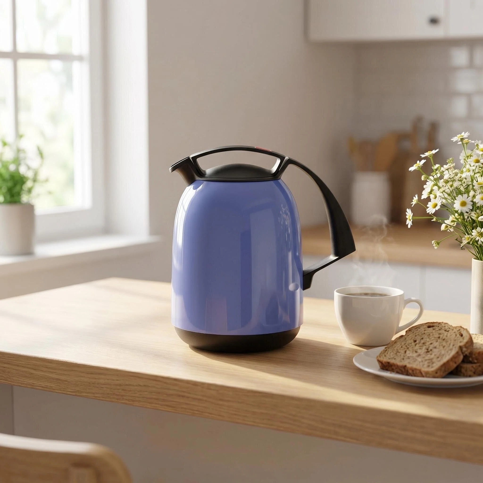 Eine blaue Teekanne mit dampfendem Kaffee, Brotscheiben und Blumen.