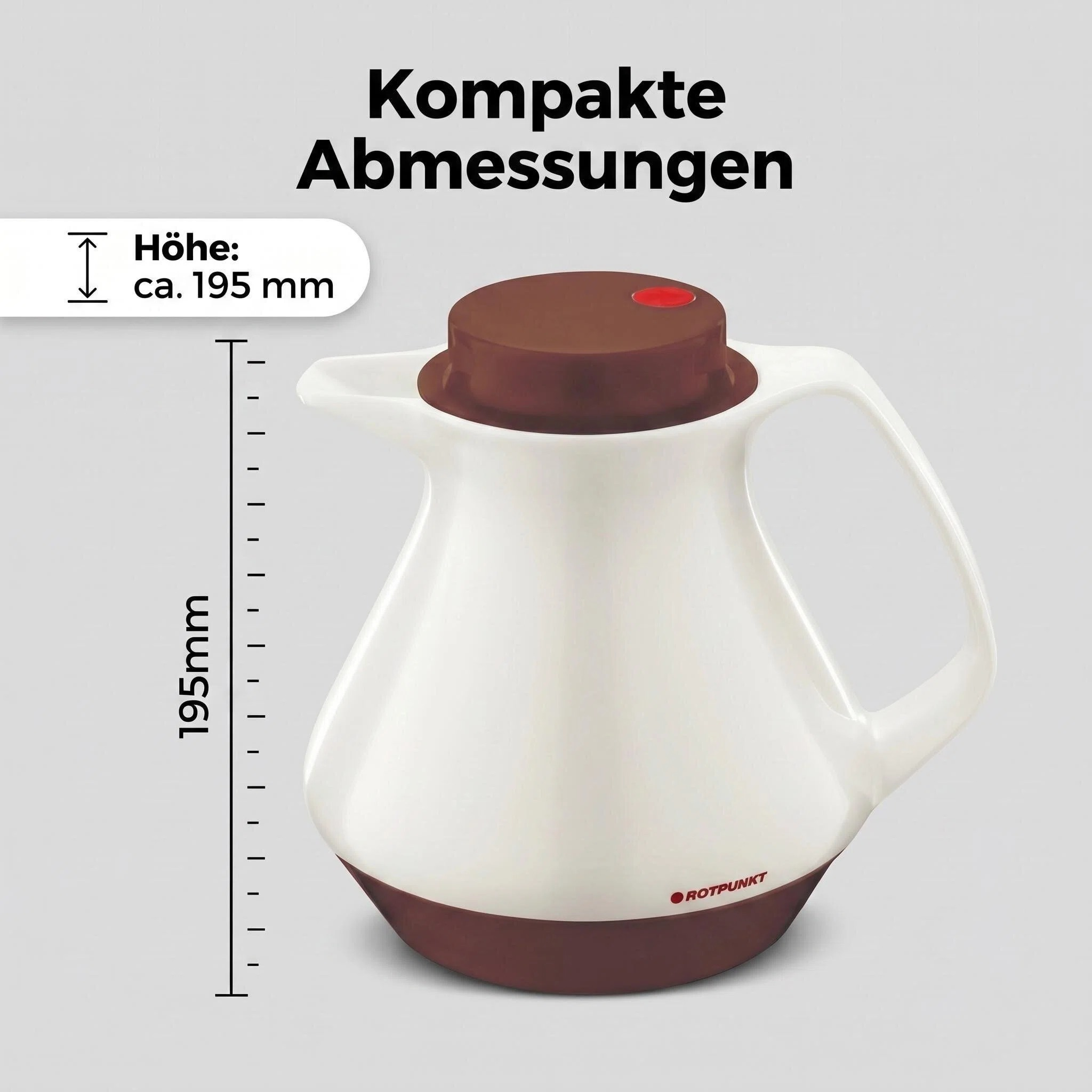 Eine weiße Thermoskanne mit braunem Deckel und Griff, Höhe 195mm.