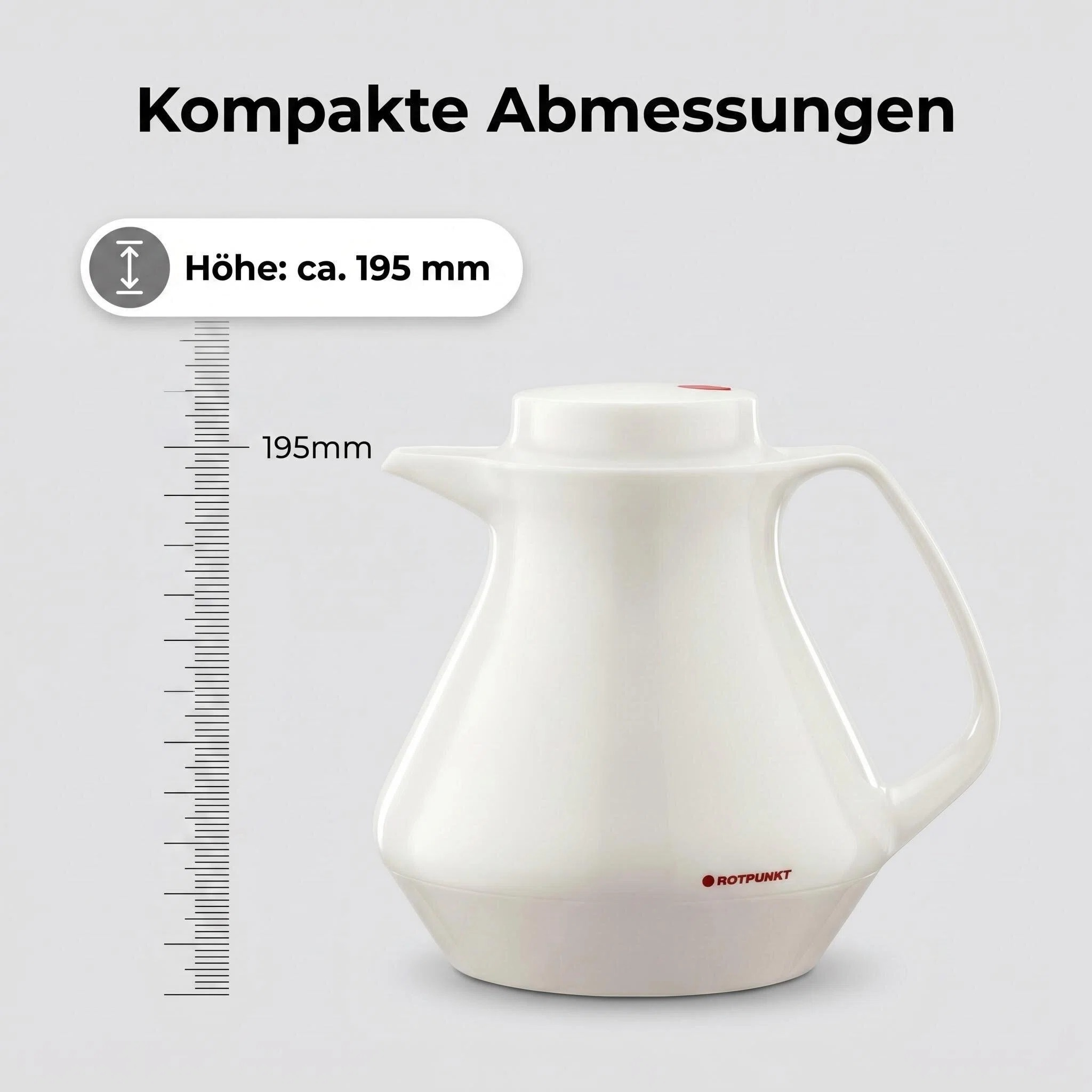Weiße Thermoskanne mit rotem Knopf, 195 mm hoch, mit Skala.