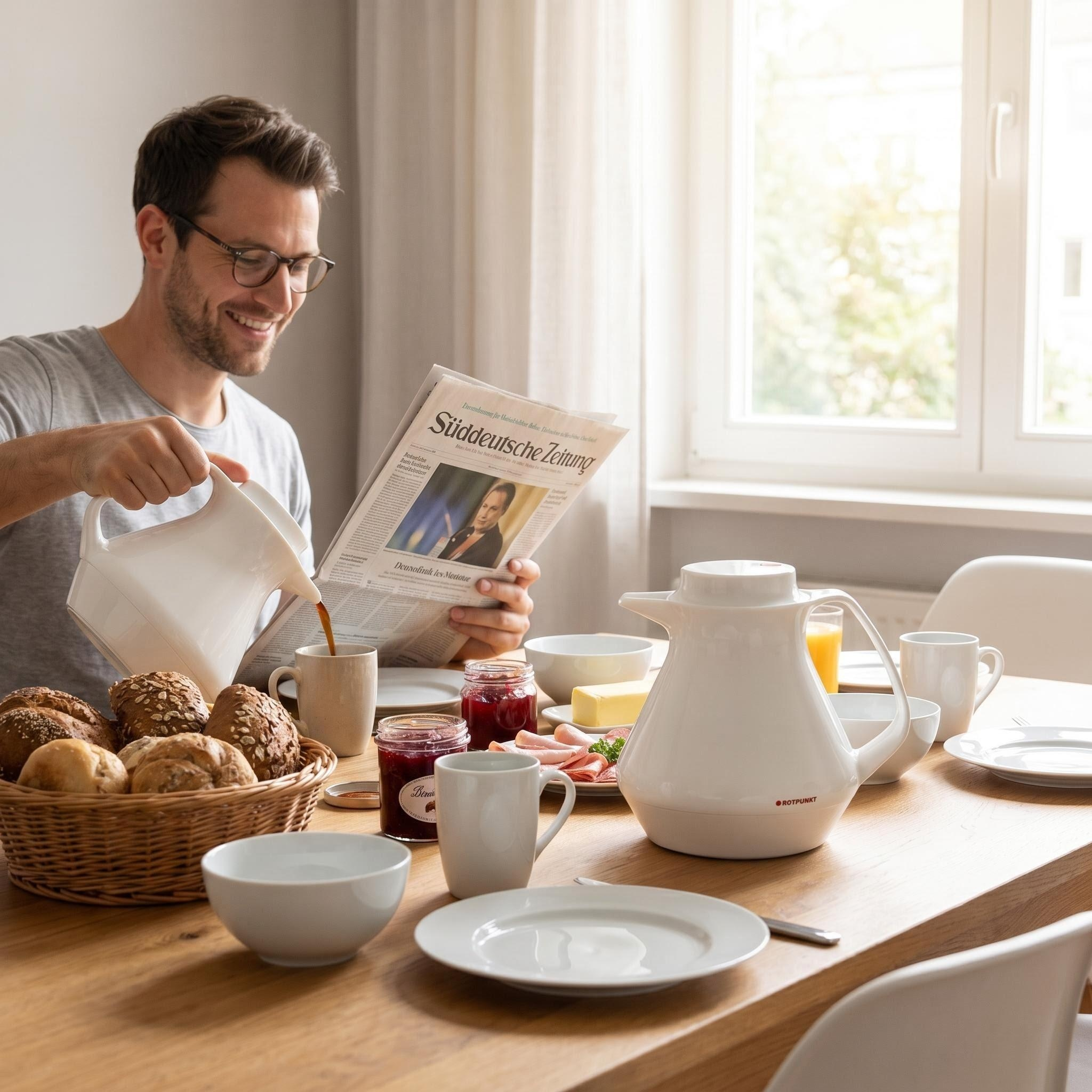 Mann gießt Kaffee in eine Tasse beim Frühstück mit Brötchen, Marmelade und Zeitung.