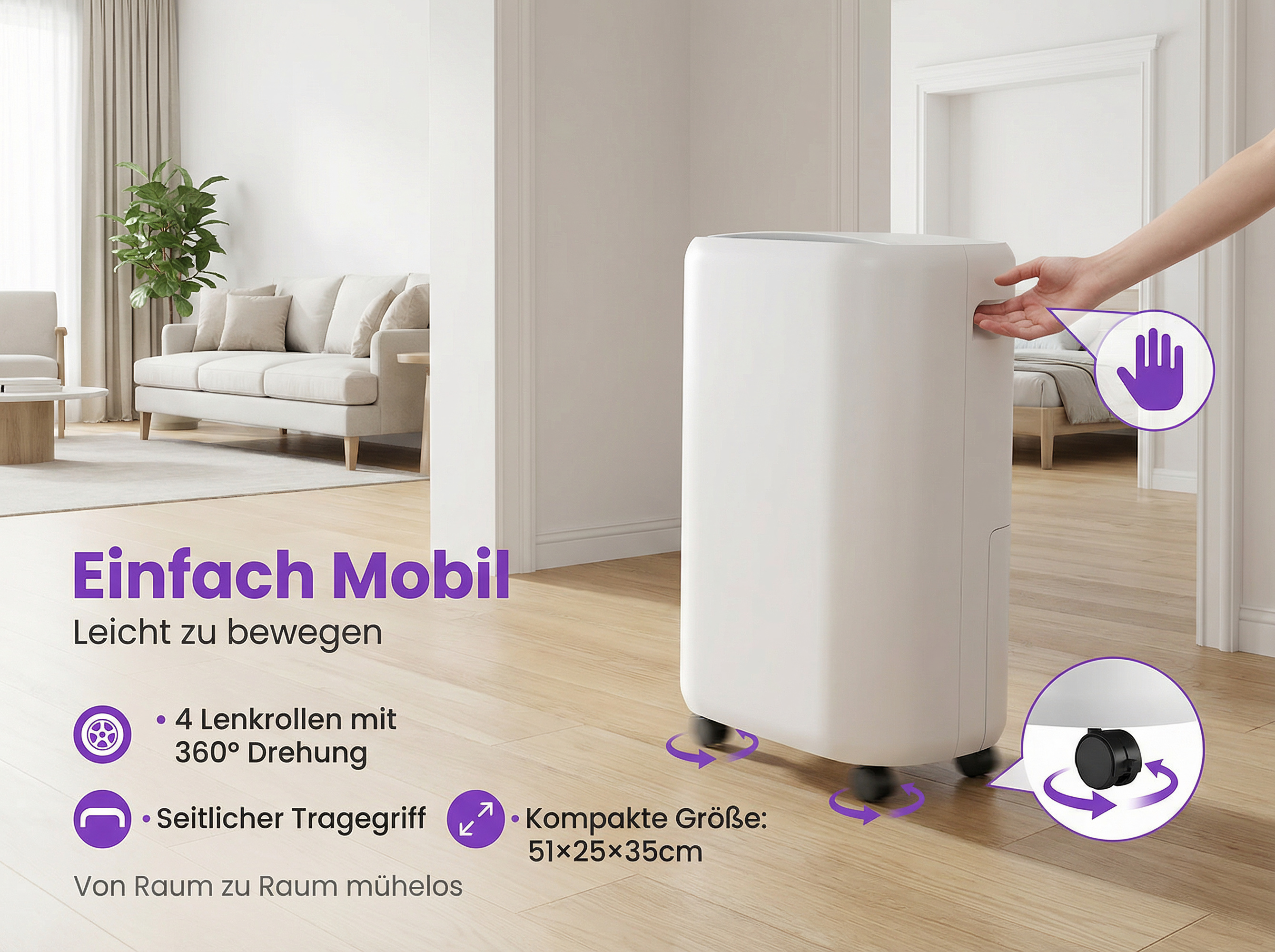 Weißer Luftentfeuchter auf Rollen in einem Wohnzimmer mit Sofa und Pflanzen.