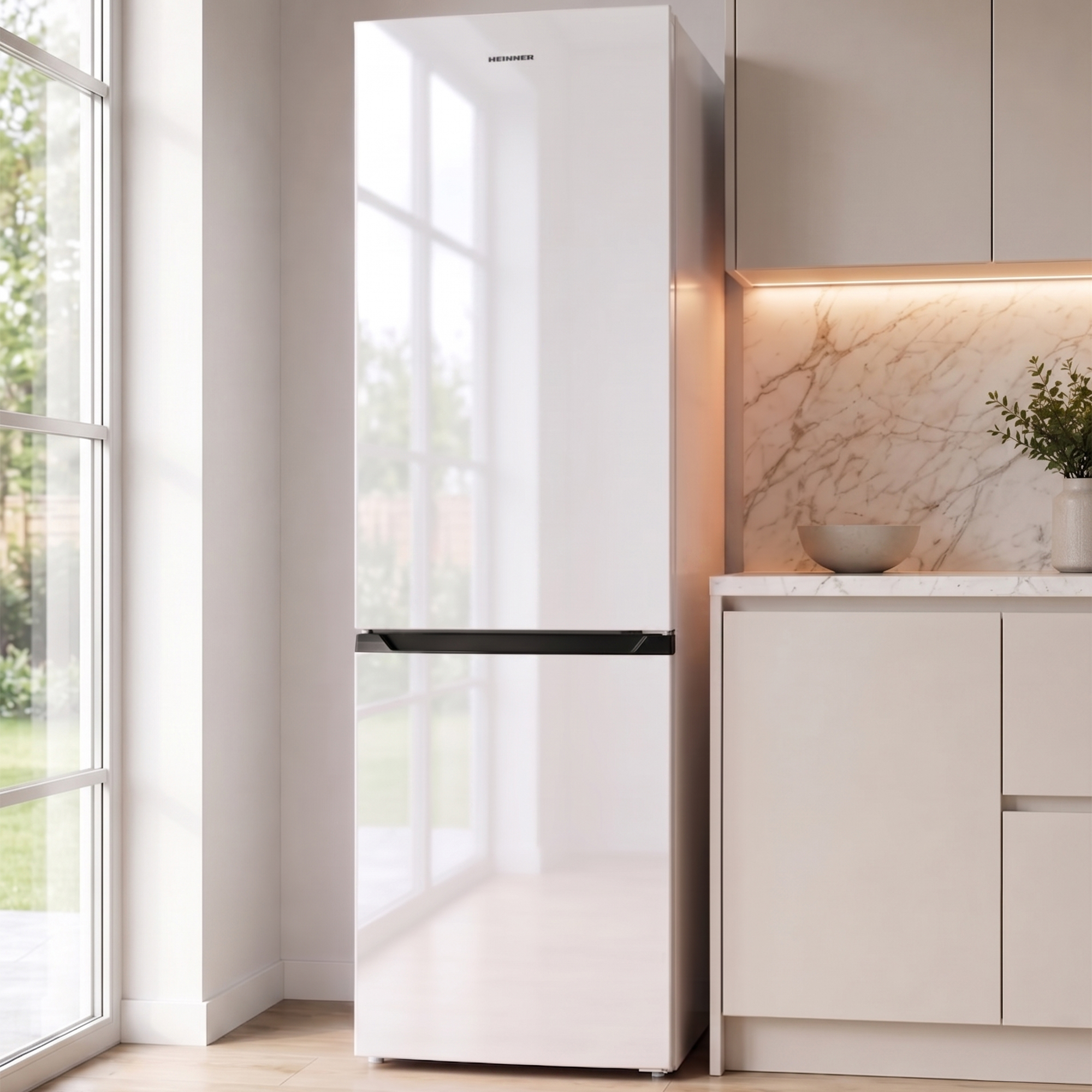 A white refrigerator stands beside cream kitchen cabinets. Large windows are on the left.