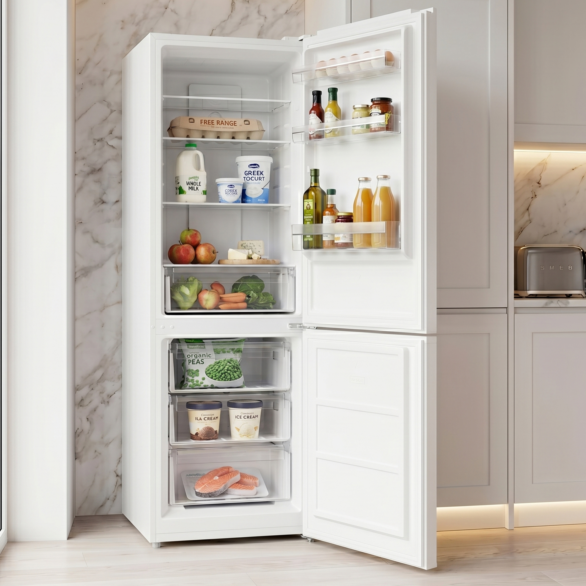 An open refrigerator stocked with milk, yogurt, fruits, vegetables, and ice cream.