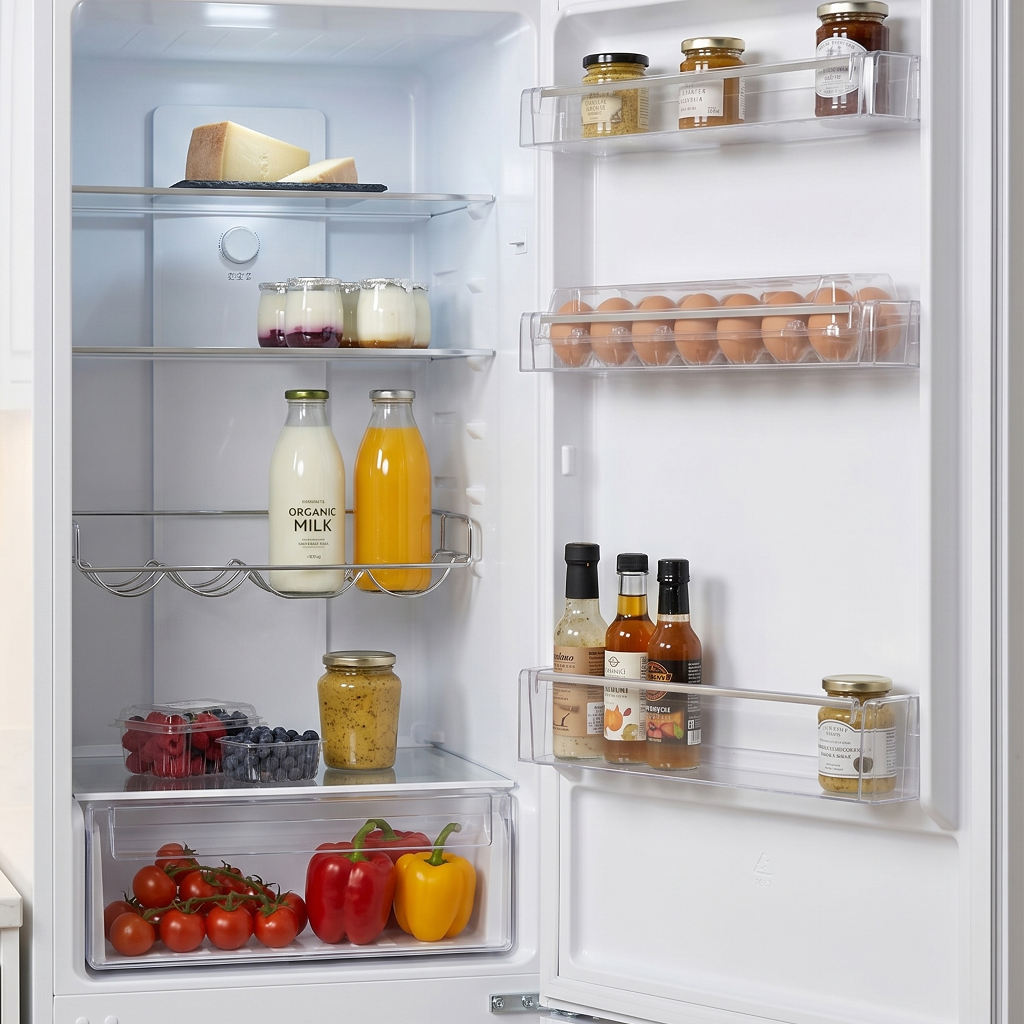 An open refrigerator filled with food: cheese, yogurt, milk, eggs, berries, vegetables, and jars.