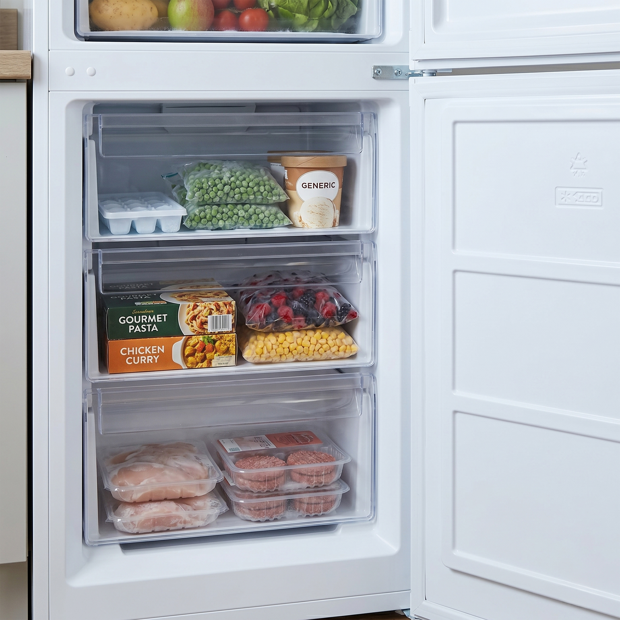 Freezer filled with frozen food: peas, ice cream, meals, chicken, burgers.